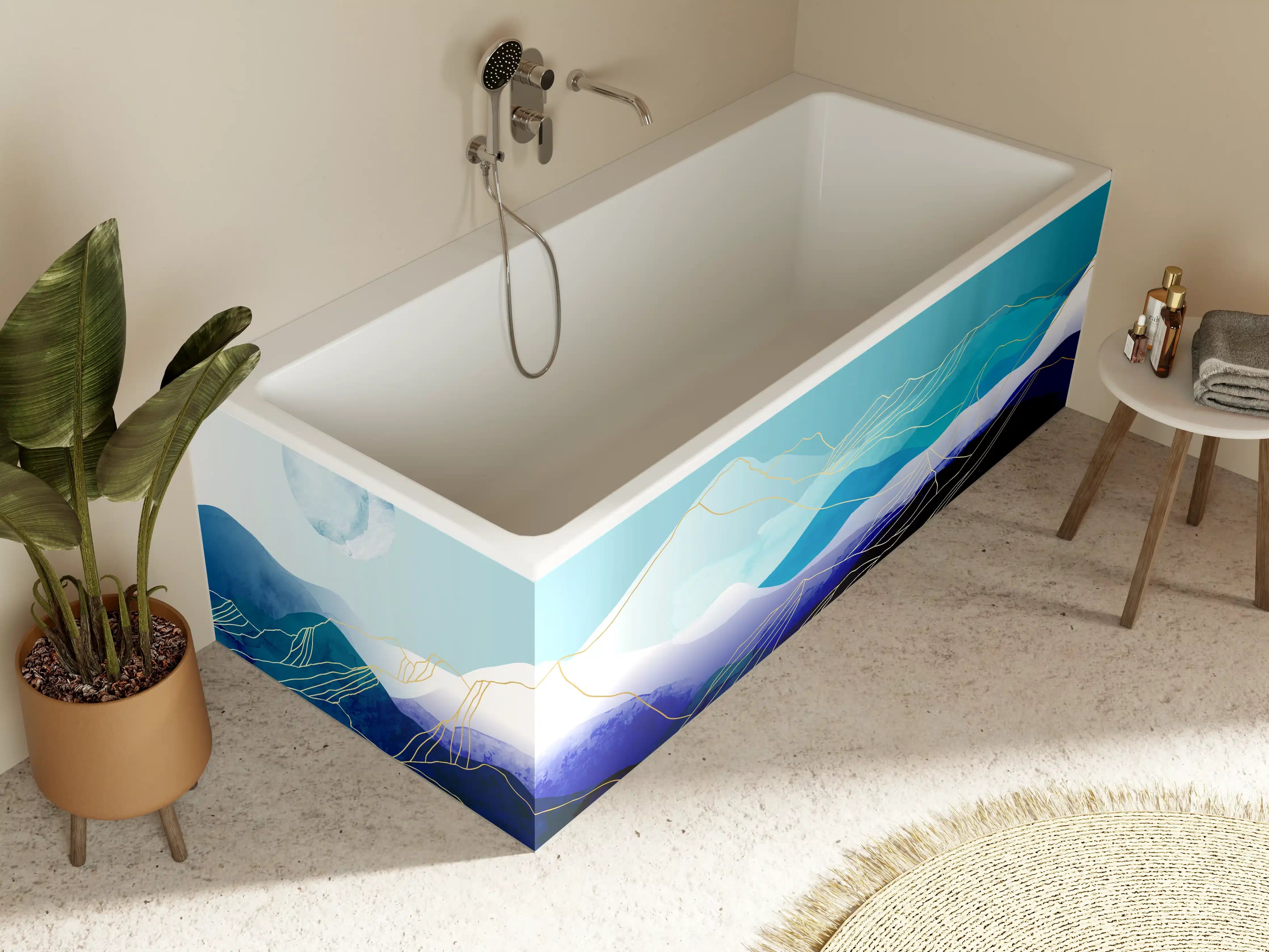 Badewannen-Rückwand - Abstrakte Berglandschaft in Blautönen