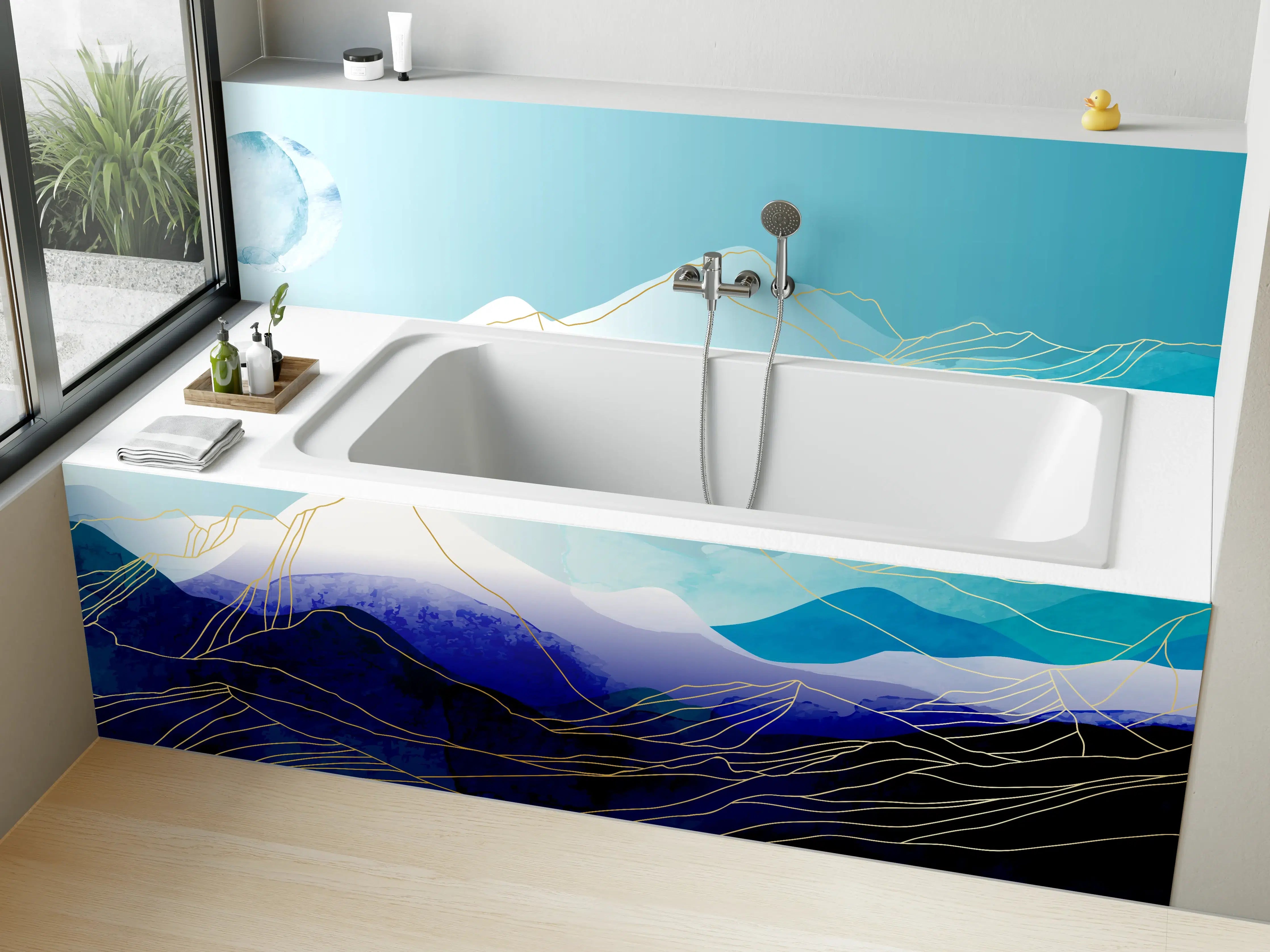Badewannen-Rückwand - Abstrakte Berglandschaft in Blautönen