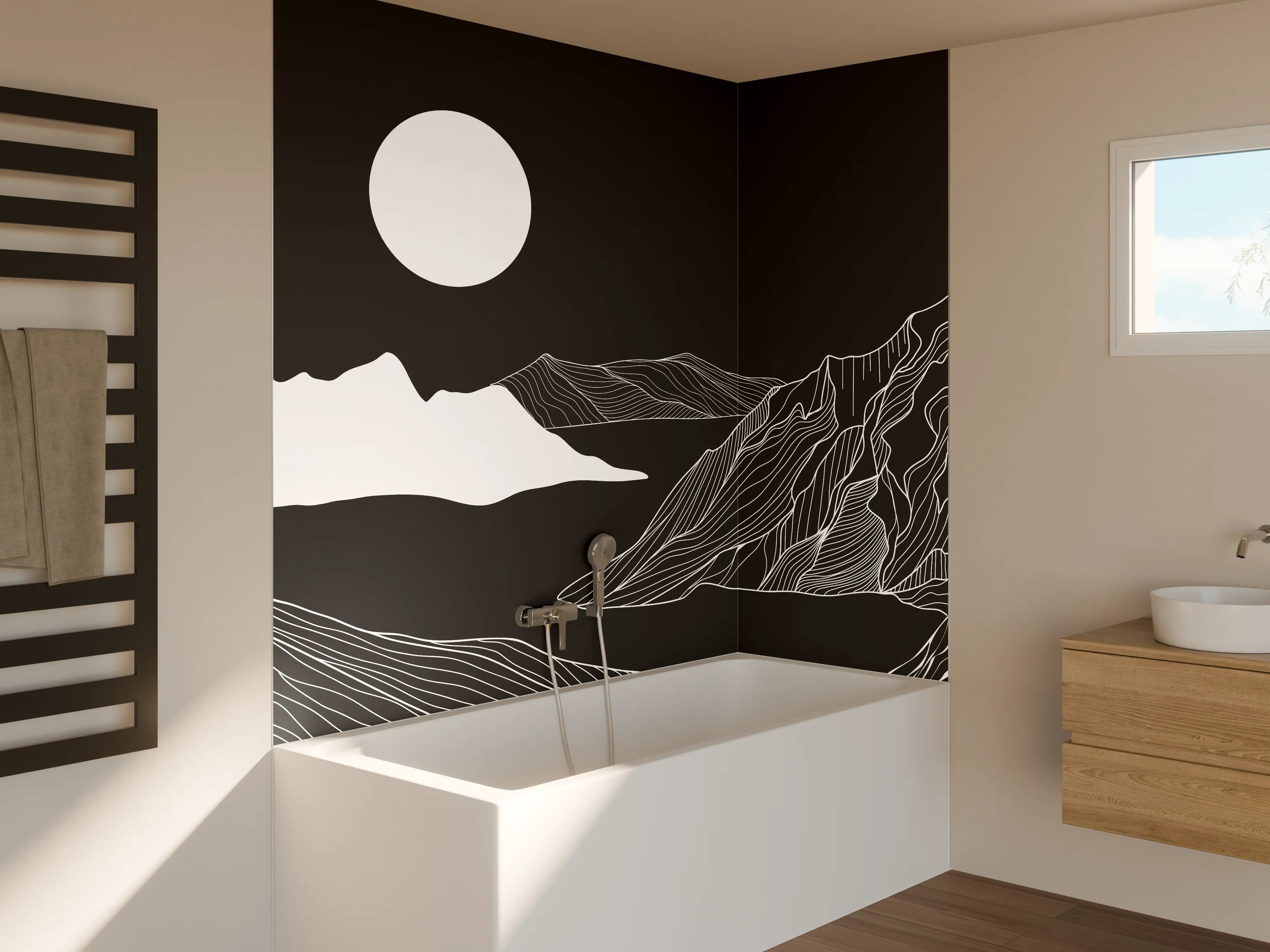 Badewannen-Rückwand - Abstrakte Berglandschaft in Monochrom