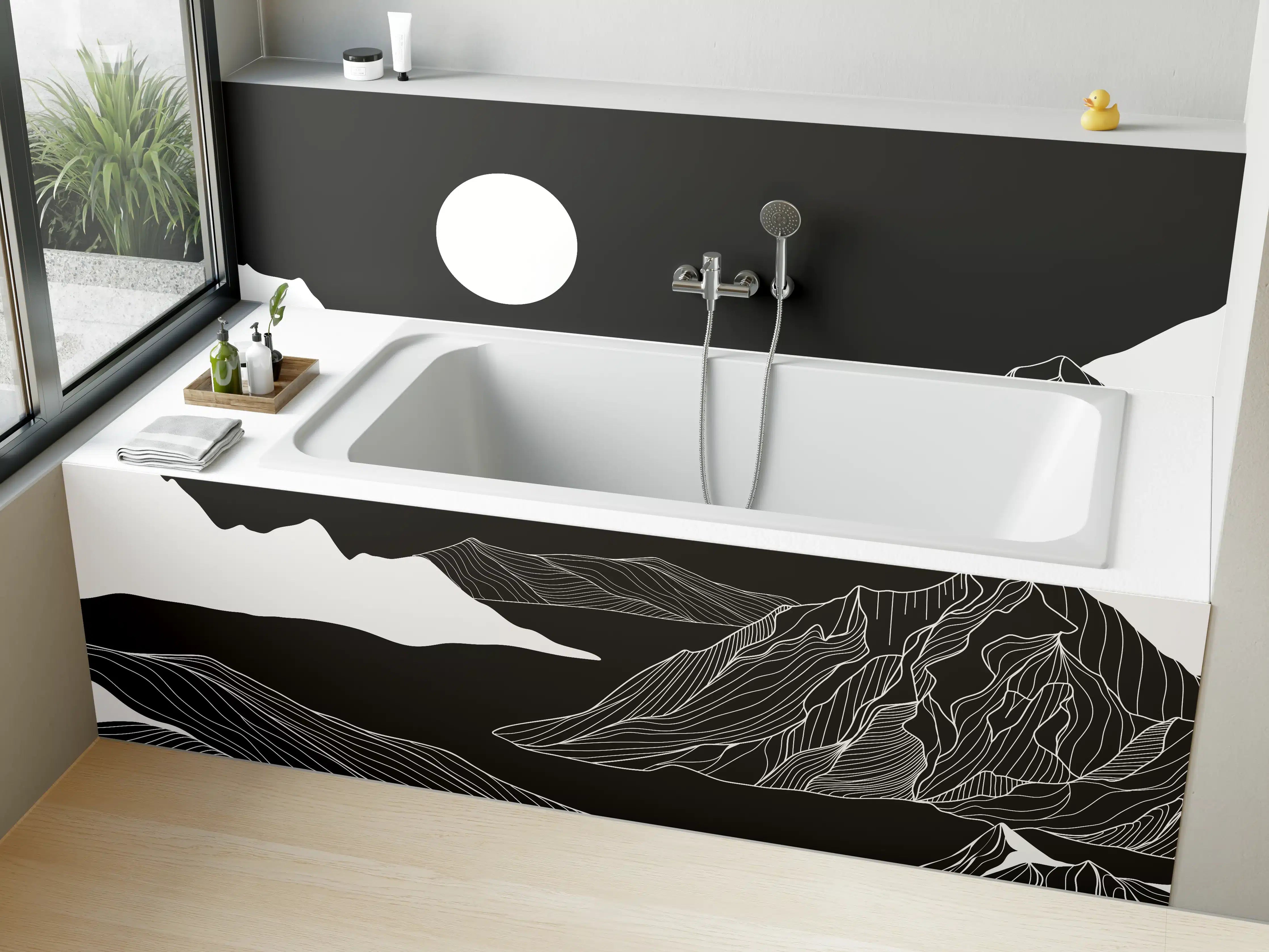 Badewannen-Rückwand - Abstrakte Berglandschaft in Monochrom
