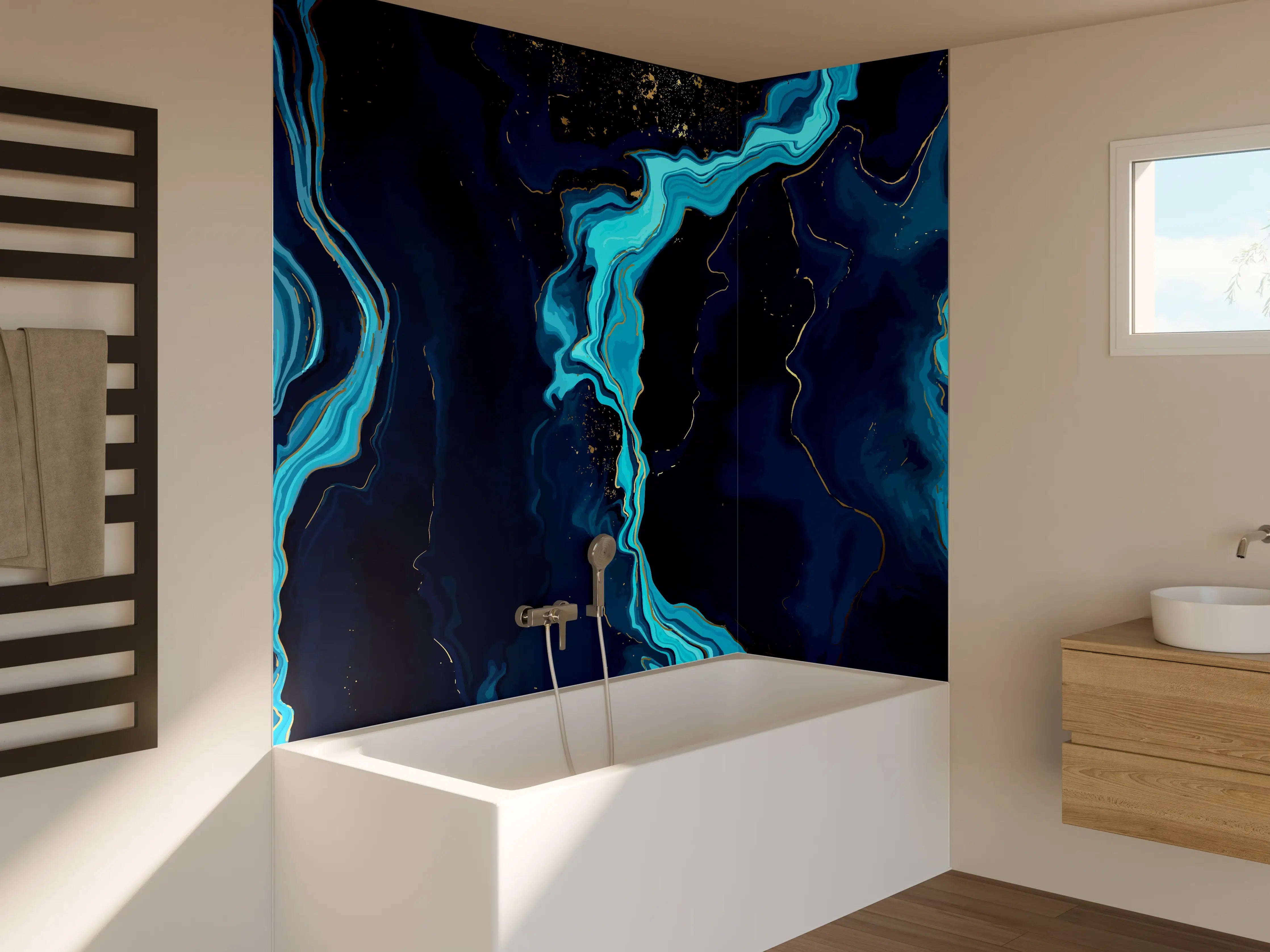 Badewannen-Rückwand - Abstrakte Blau-Türkis Strömungen