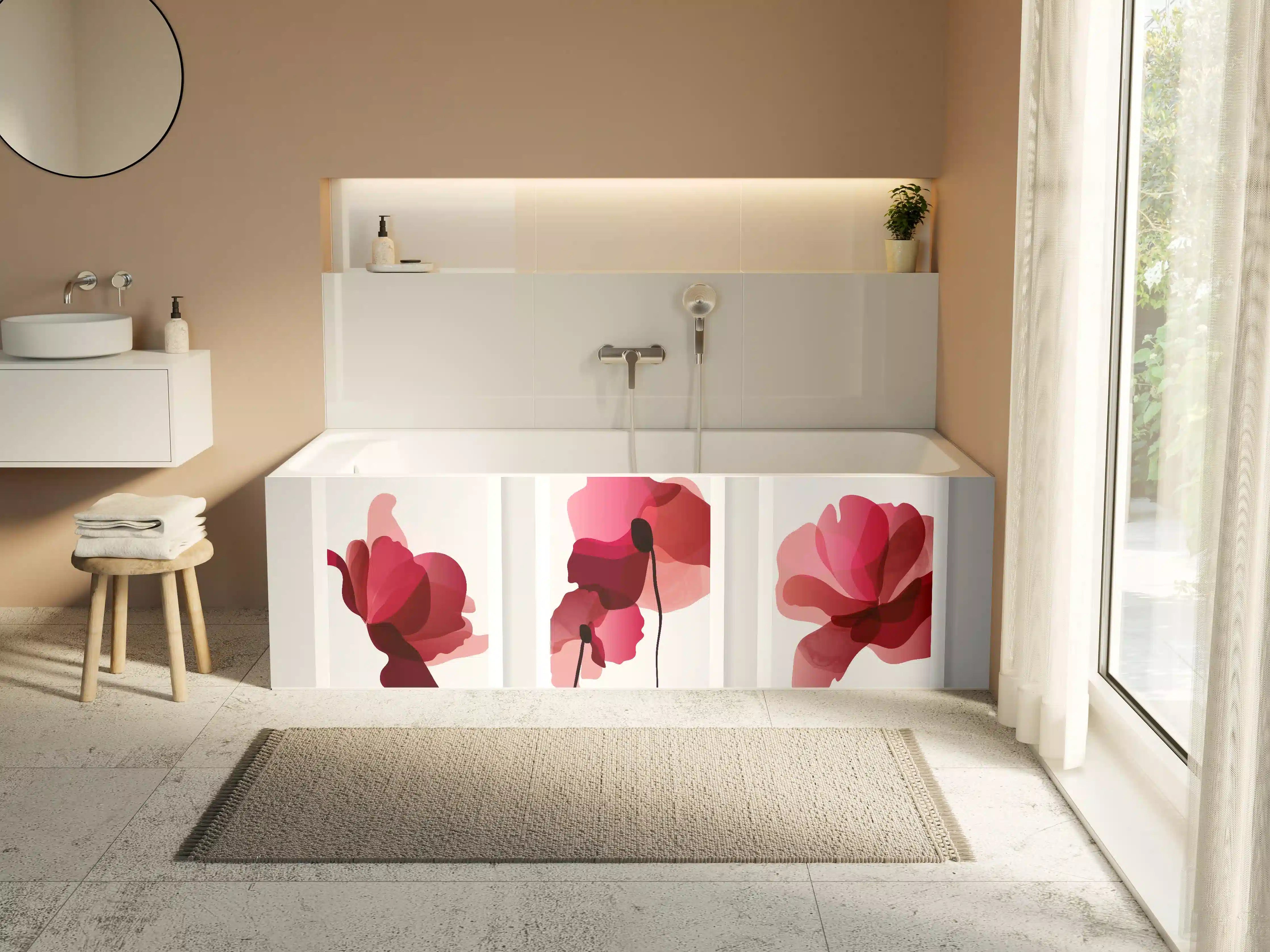 Badewannen-Rückwand - Abstrakte Blüten Rot-Pink