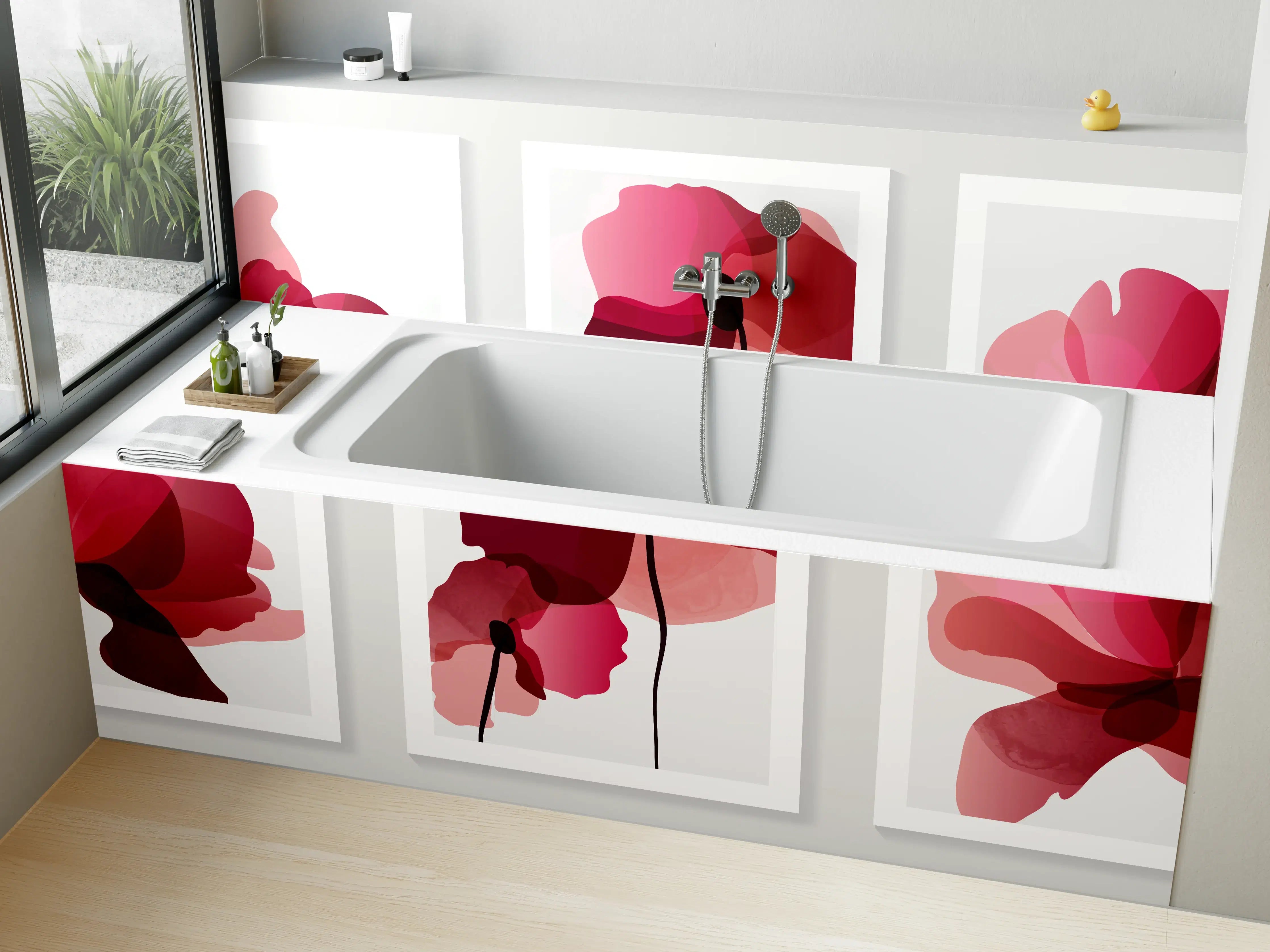 Badewannen-Rückwand - Abstrakte Blüten Rot-Pink