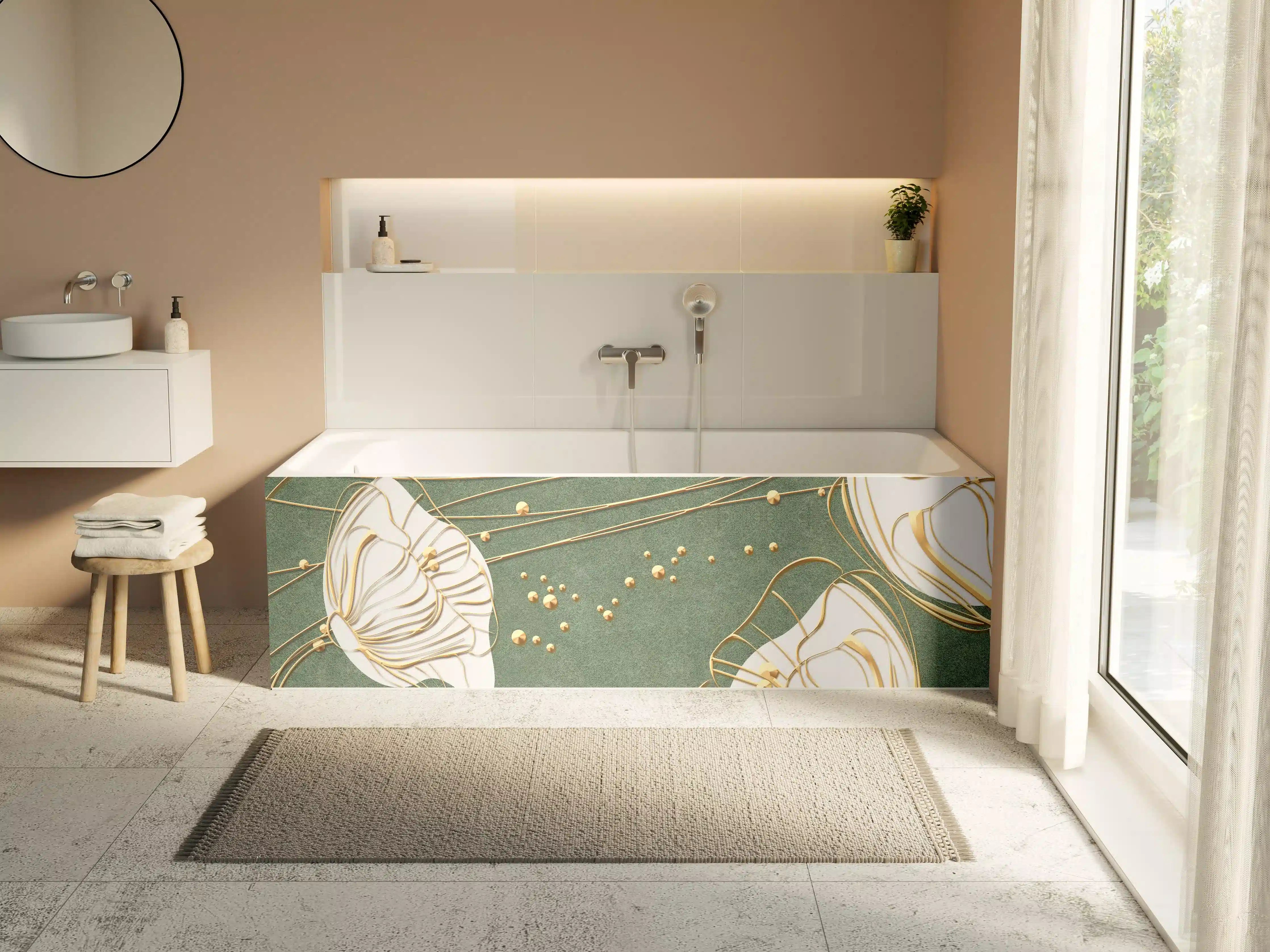 Badewannen-Rückwand - Abstrakte Blumen Beige Grün