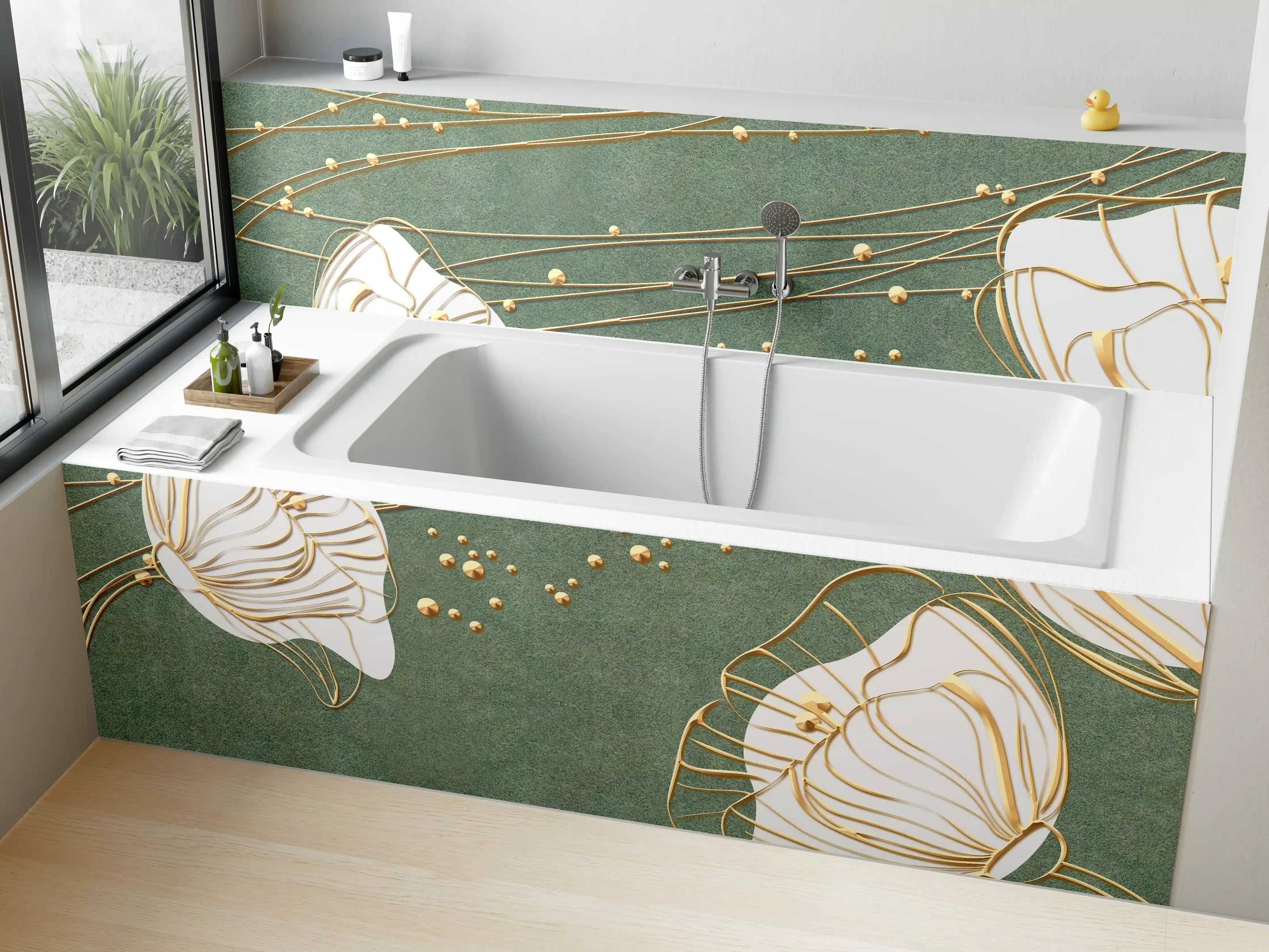 Badewannen-Rückwand - Abstrakte Blumen Beige Grün