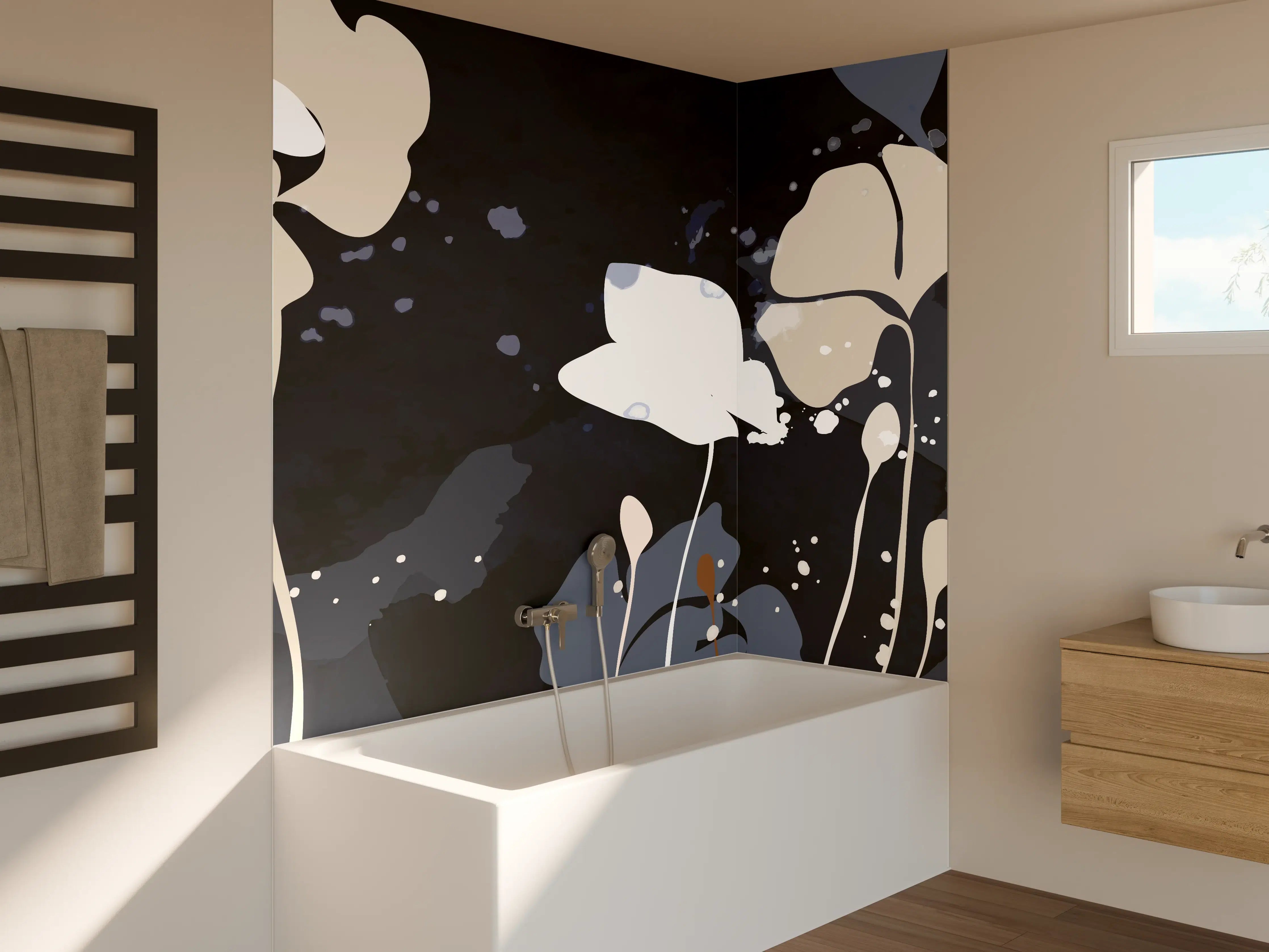 Badewannen-Rückwand - Abstrakte Blumen Dunkles Design