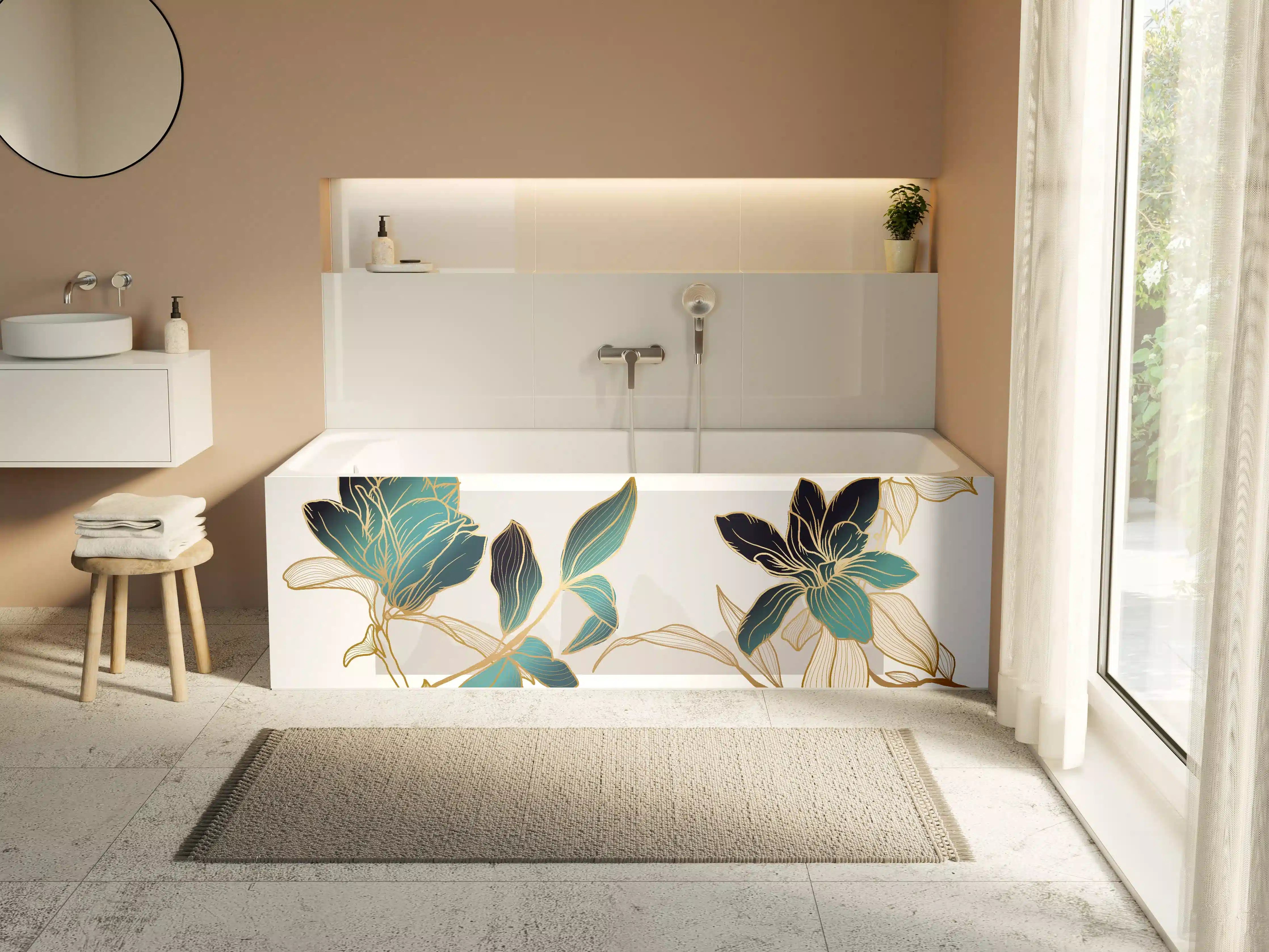 Badewannen-Rückwand - Abstrakte Blumen Gold-Blau Illustration