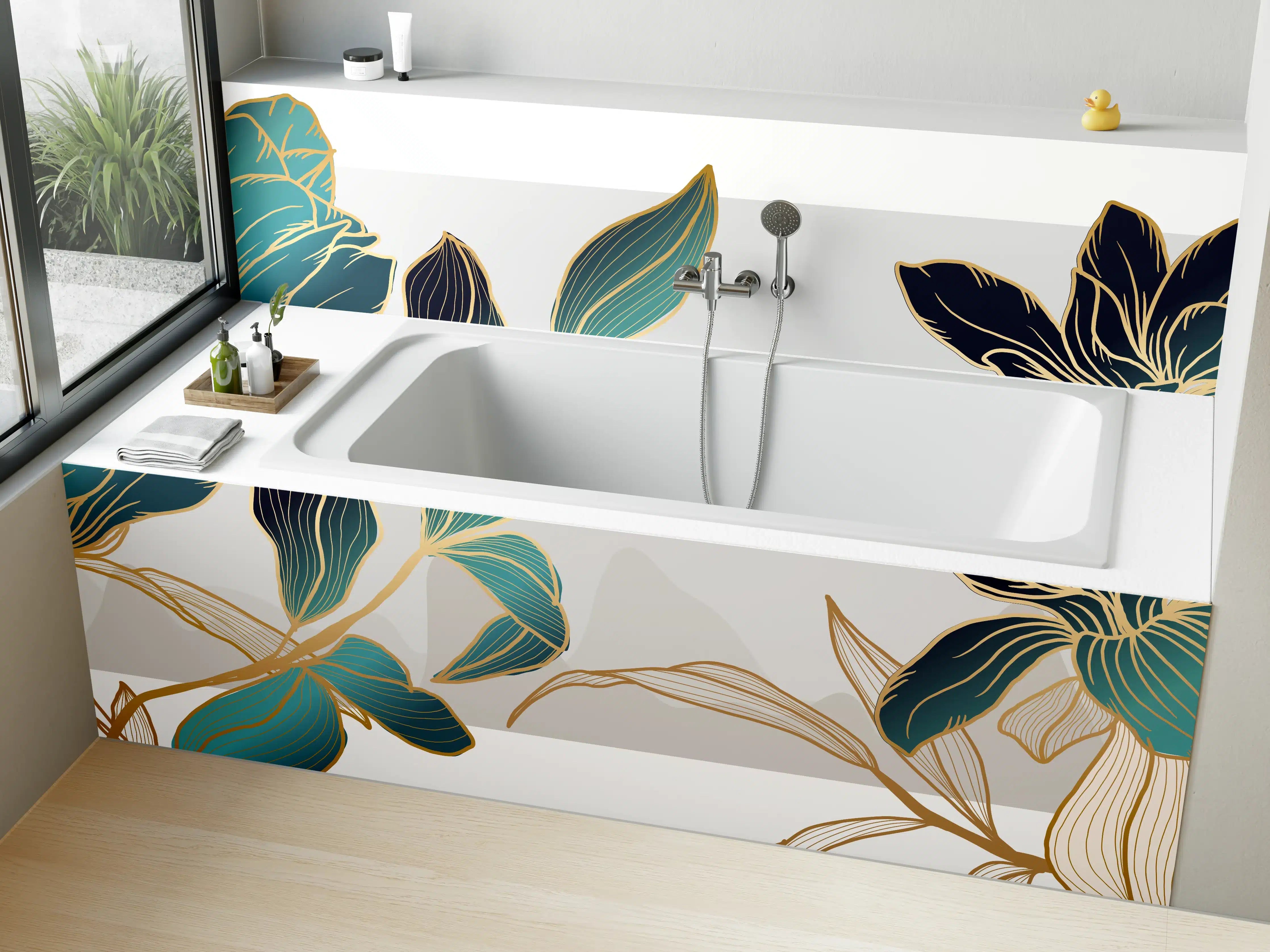 Badewannen-Rückwand - Abstrakte Blumen Gold-Blau Illustration