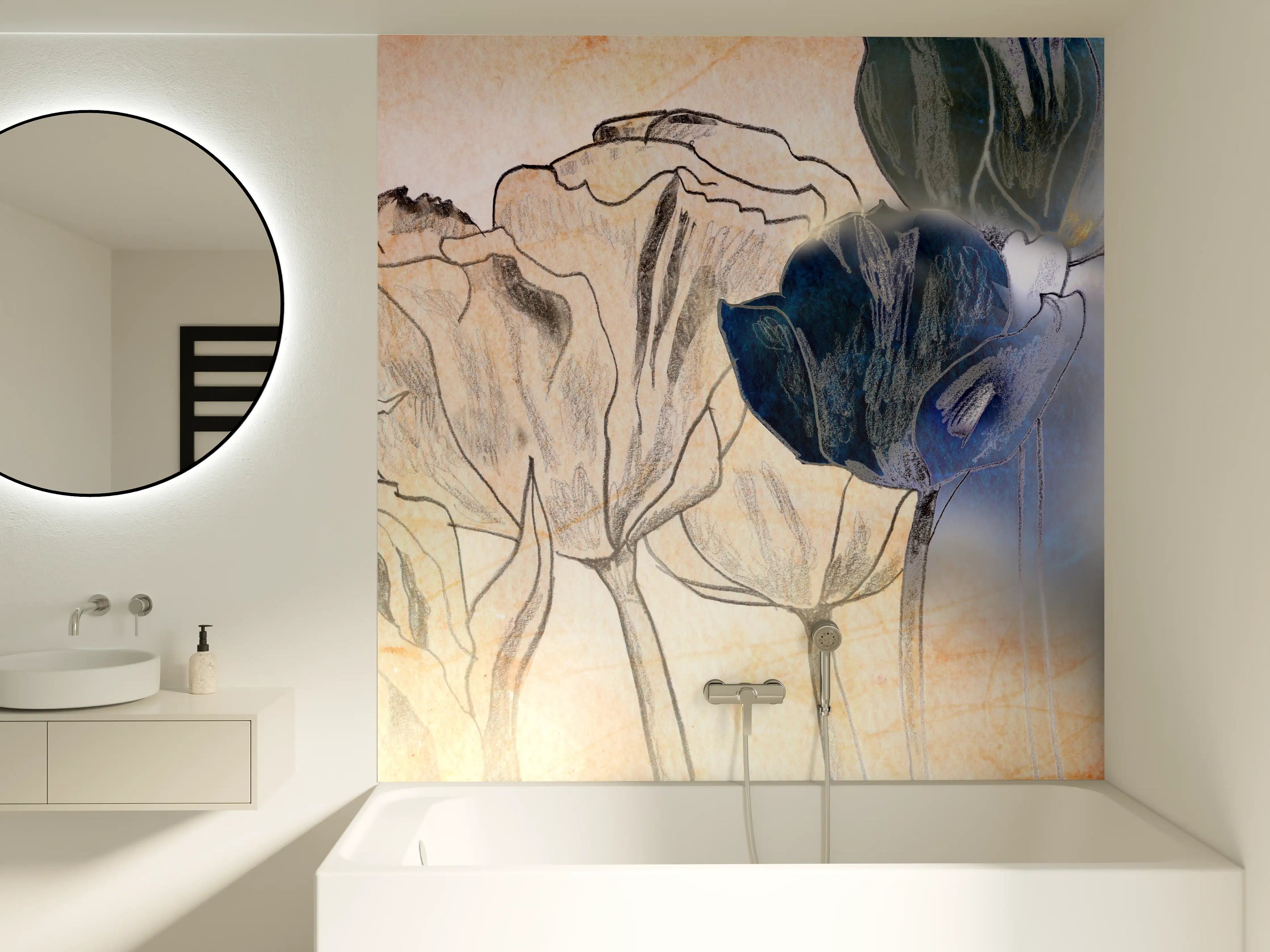 Badewannen-Rückwand - Abstrakte Blumen-Illustration mit Blauakzenten