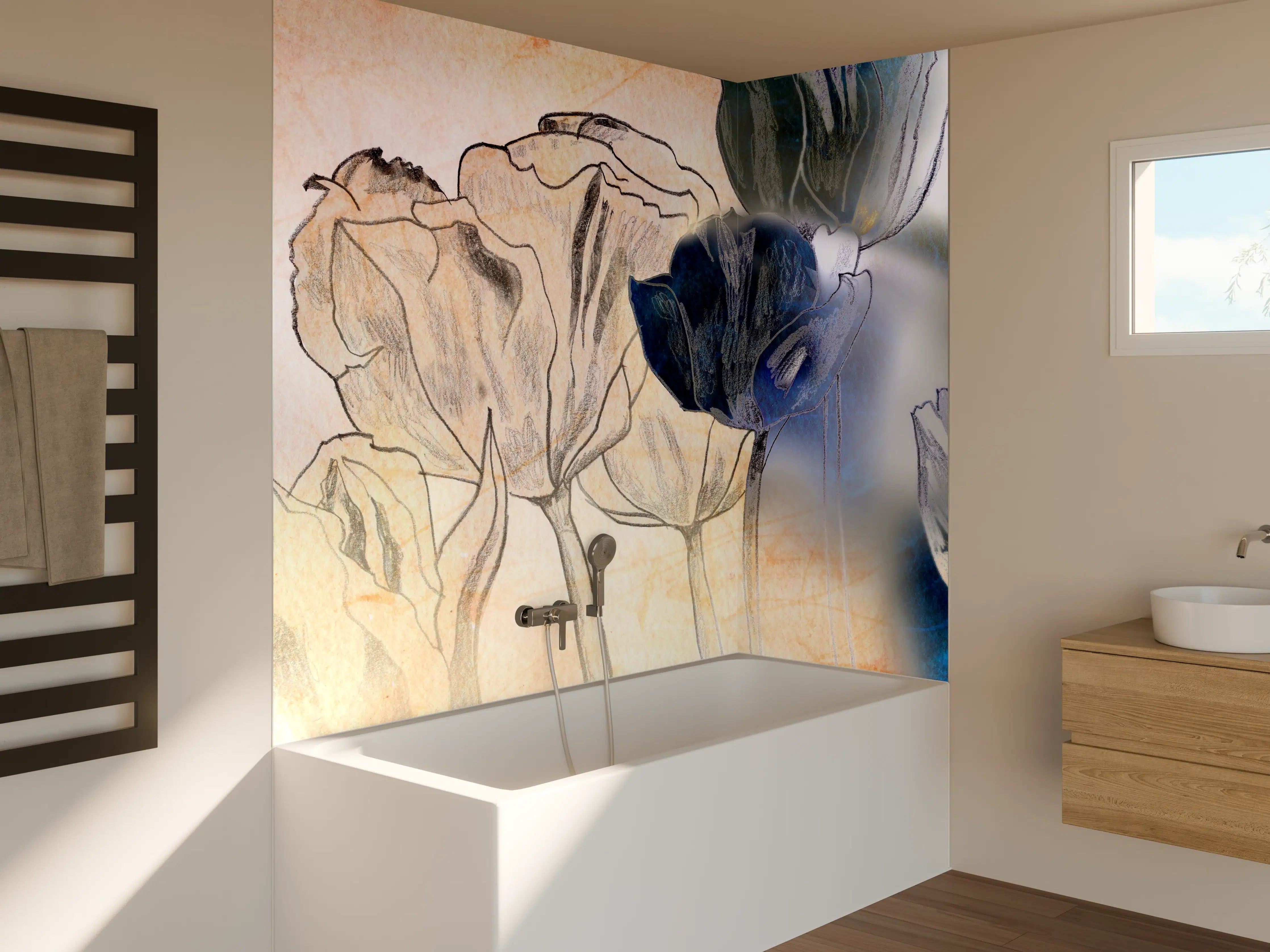 Badewannen-Rückwand - Abstrakte Blumen-Illustration mit Blauakzenten