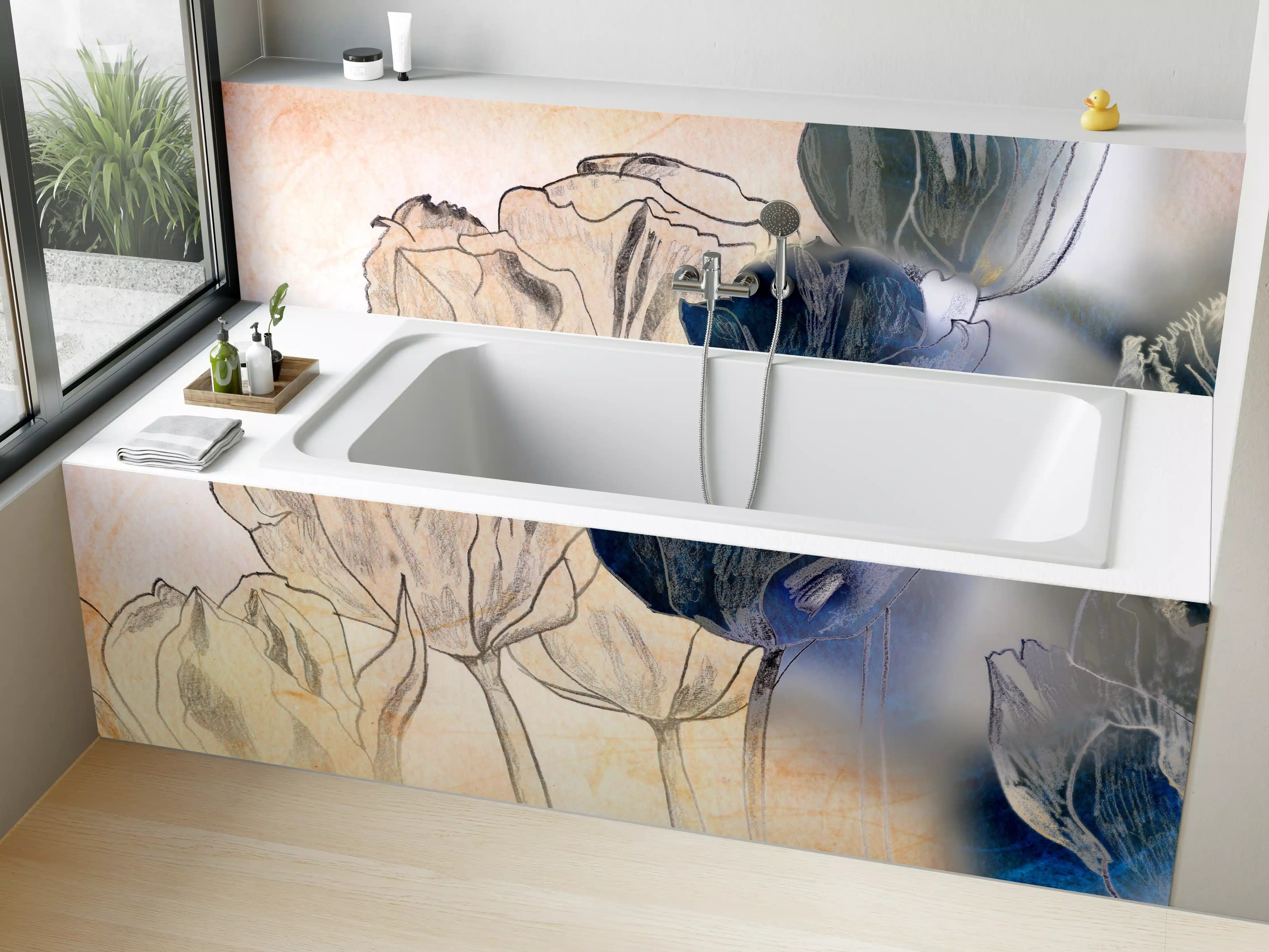 Badewannen-Rückwand - Abstrakte Blumen-Illustration mit Blauakzenten