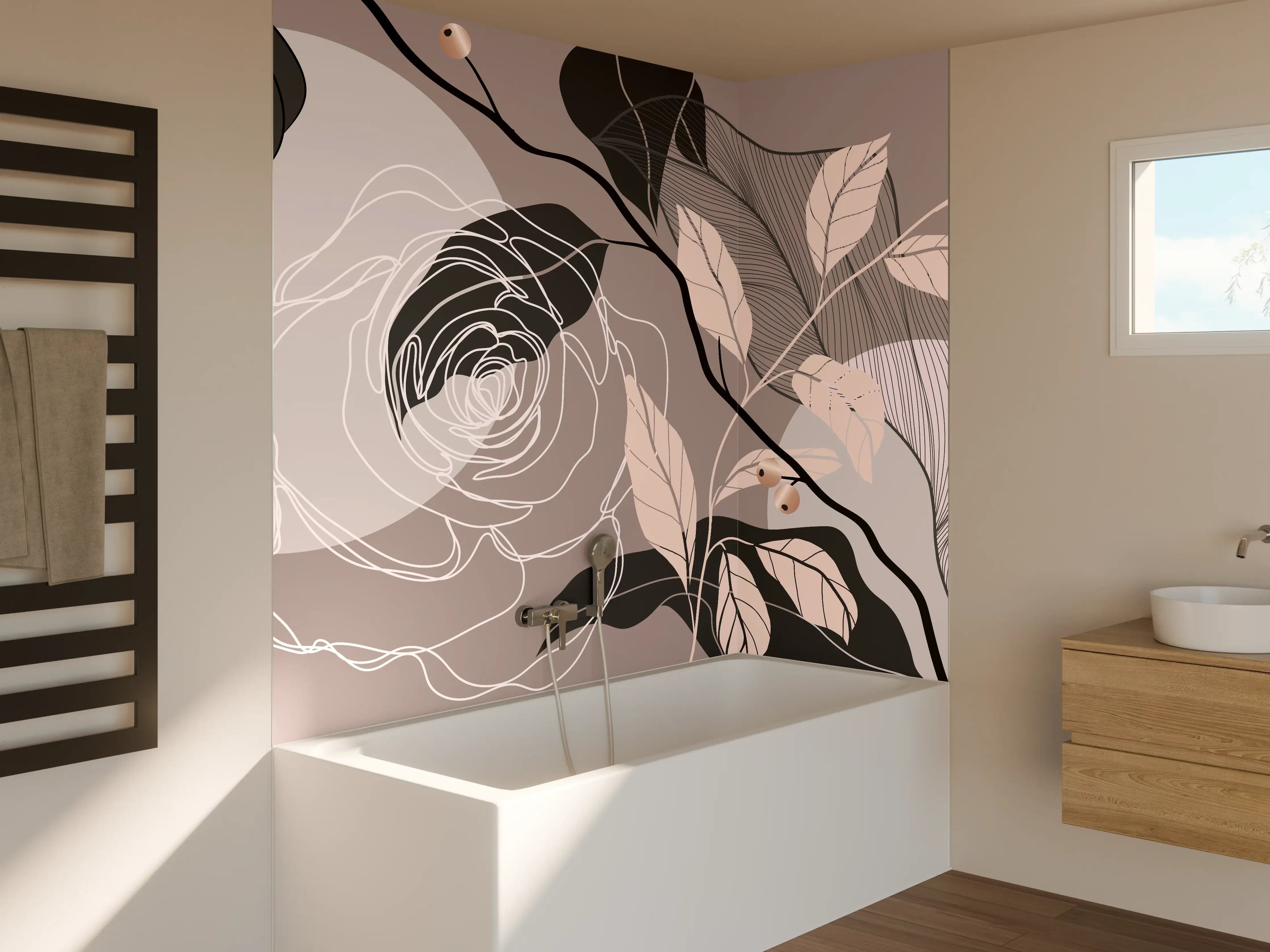 Badewannen-Rückwand - Abstrakte Blumenillustration Beige