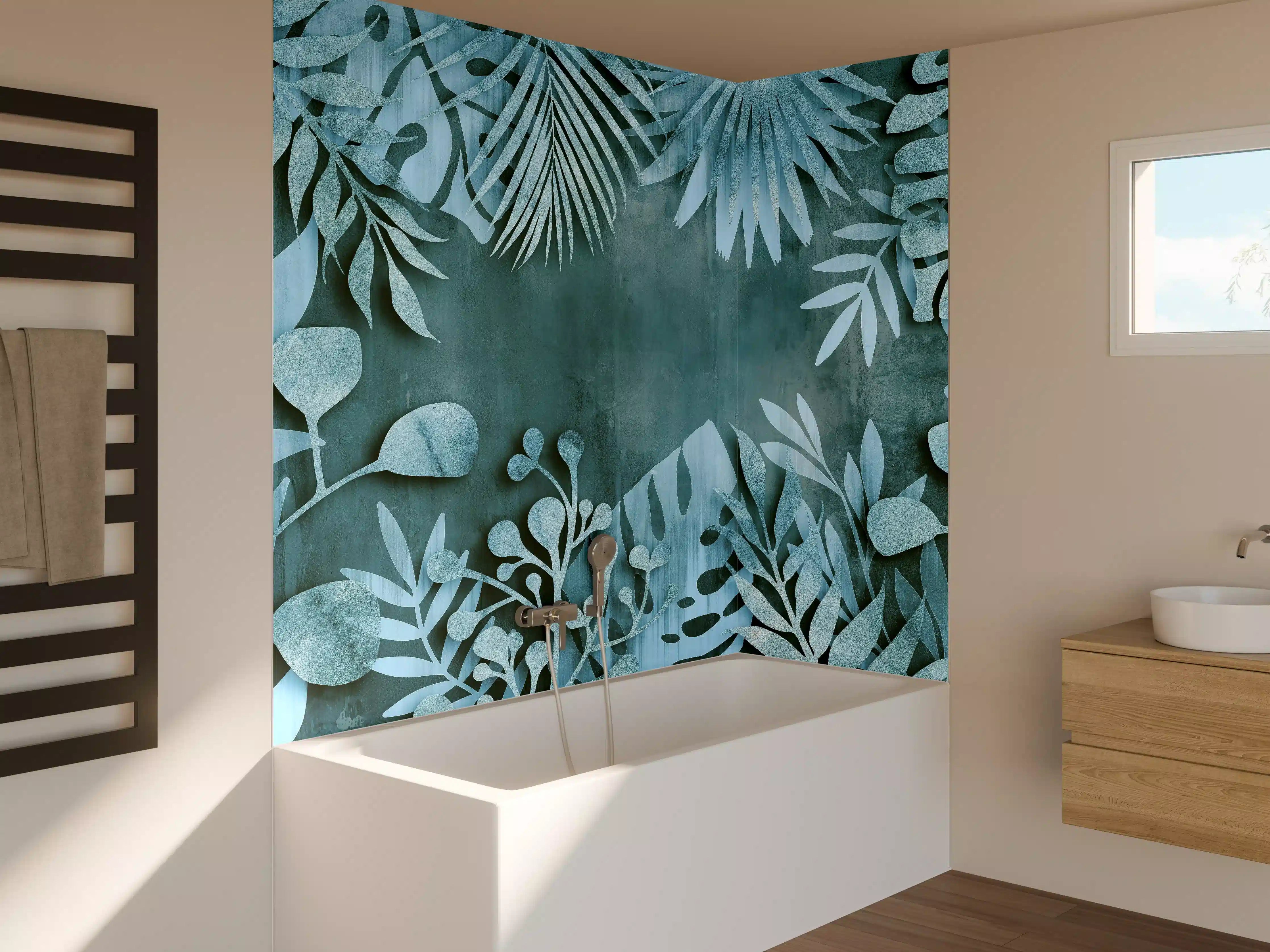 Badewannen-Rückwand - Abstrakte Botanik in Blau-Türkis
