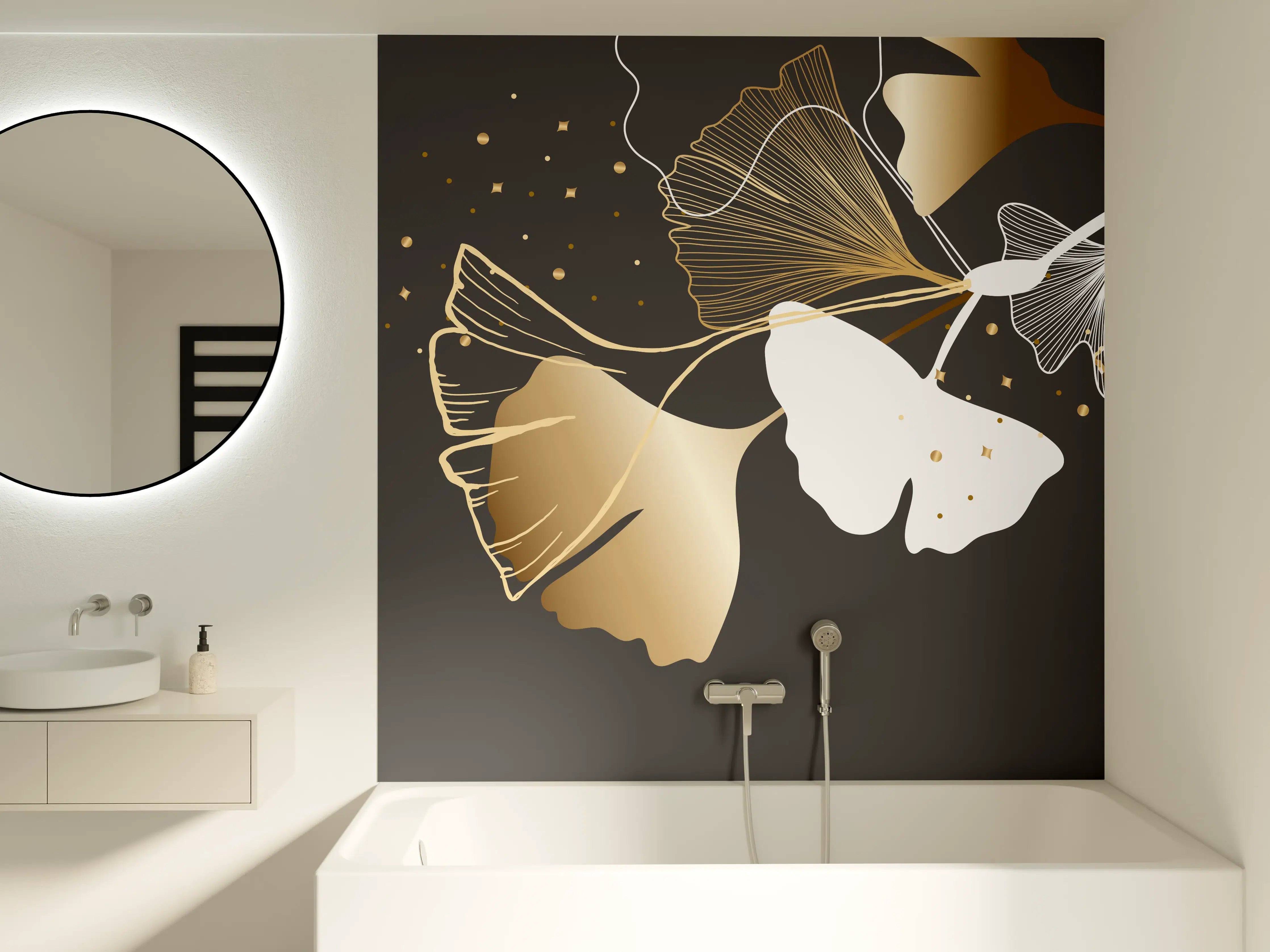 Badewannen-Rückwand - Abstrakte Ginkgo Muster Gold Schwarz