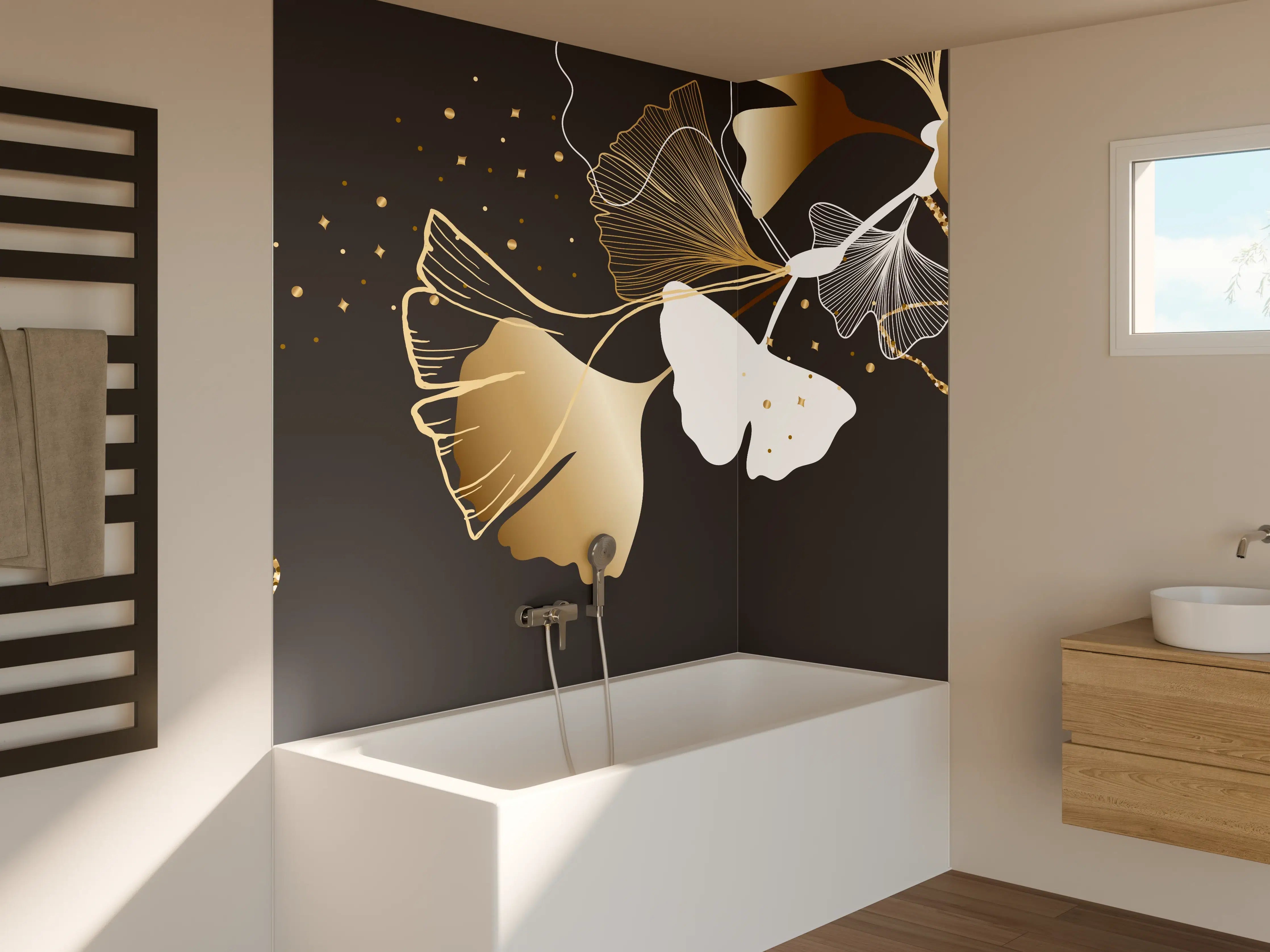 Badewannen-Rückwand - Abstrakte Ginkgo Muster Gold Schwarz