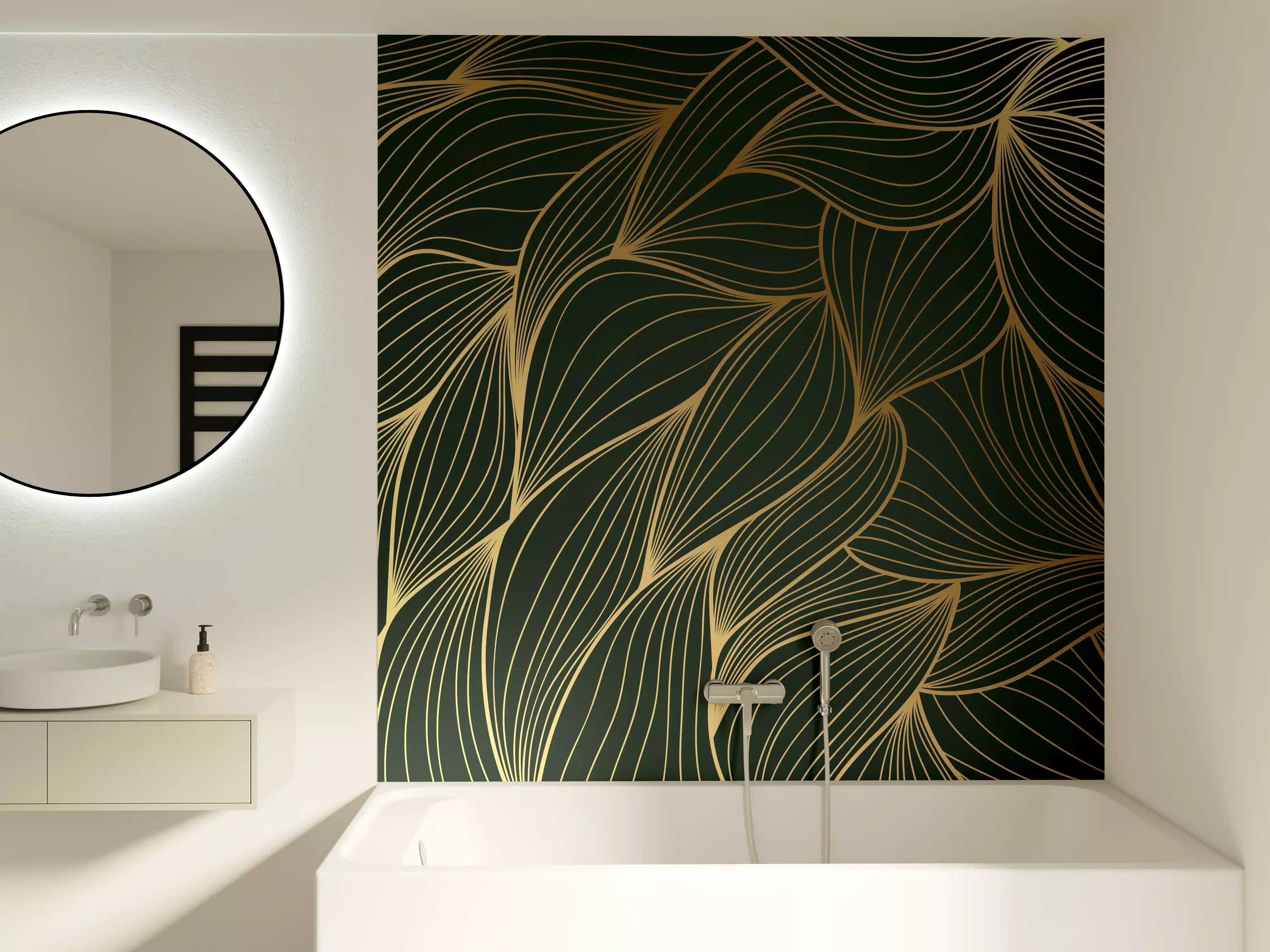 Badewannen-Rückwand - Abstrakte Gold-Grün-Wellenmuster