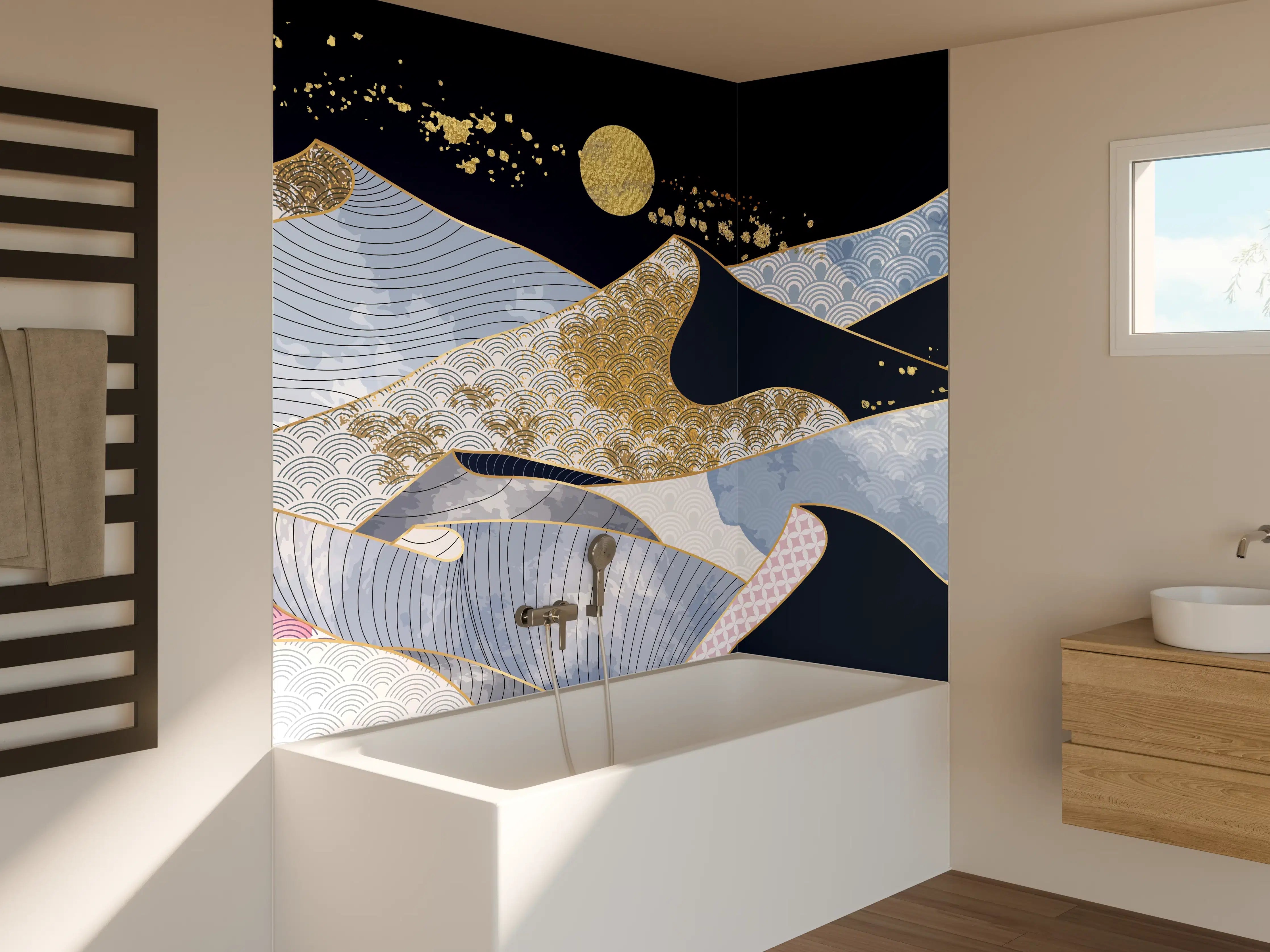 Badewannen-Rückwand - Abstrakte Gold-Mond-Nacht