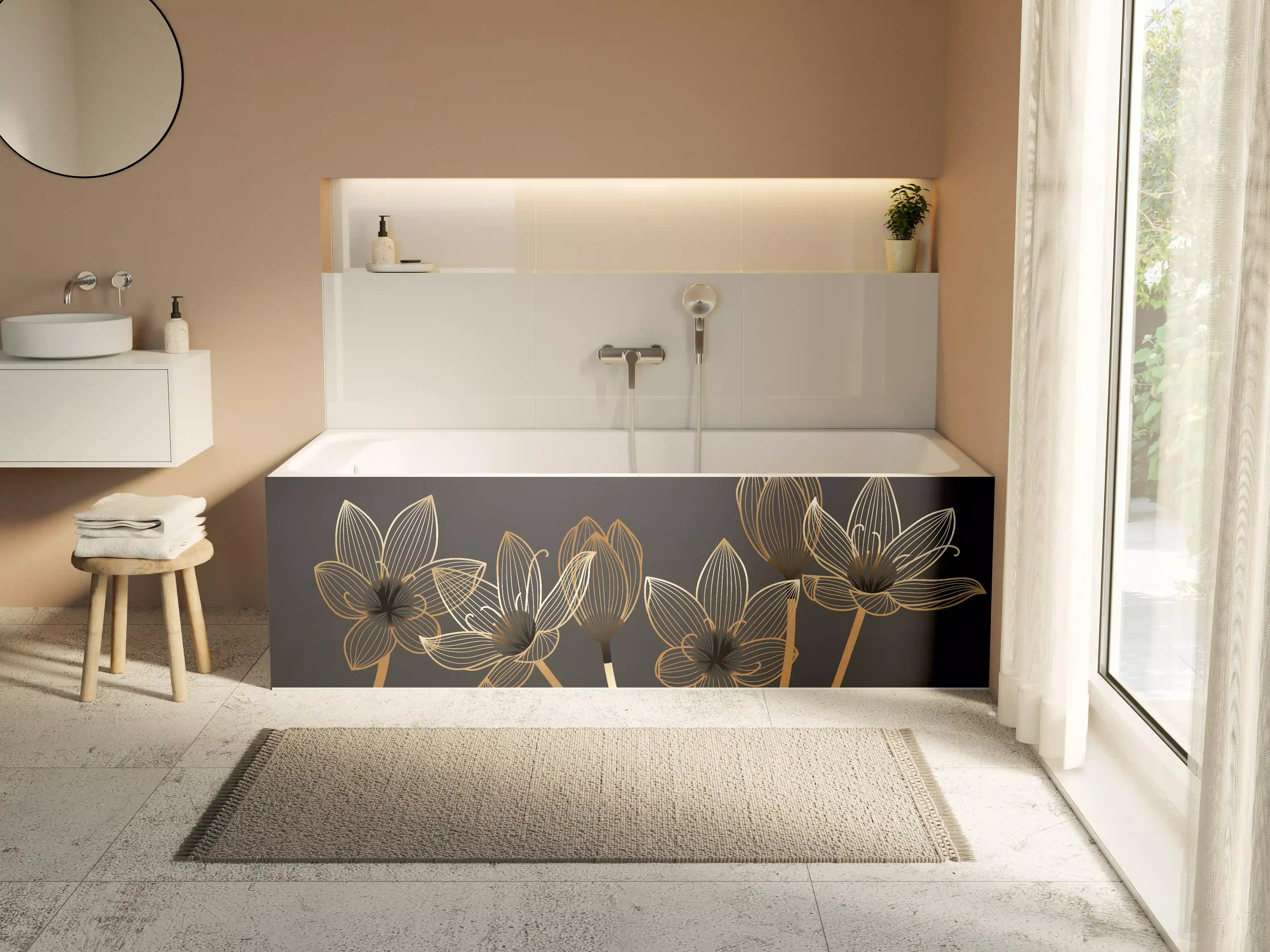 Badewannen-Rückwand - Abstrakte Gold-Schwarz Blumen Linienart