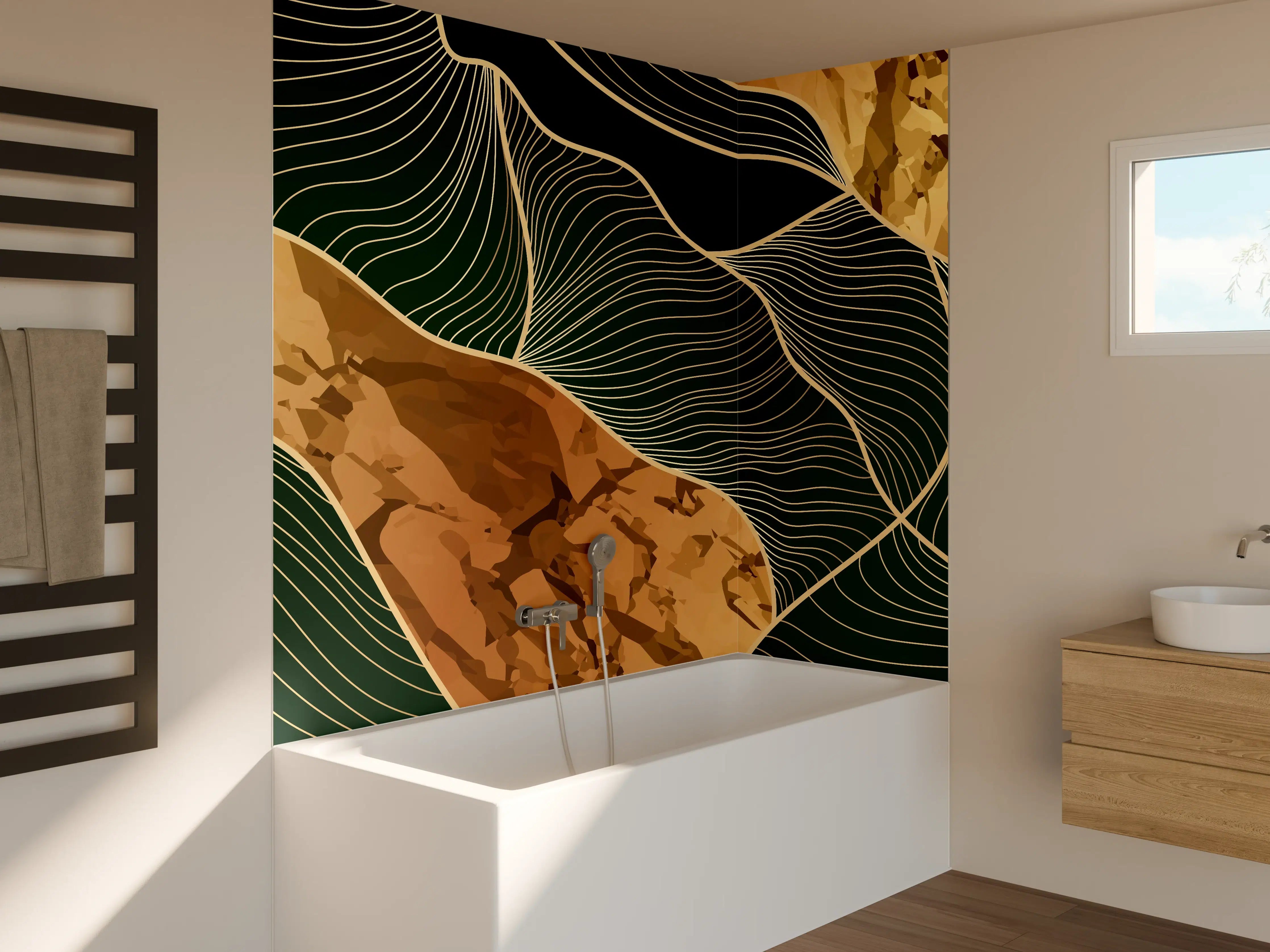 Badewannen-Rückwand - Abstrakte Goldbraun-Linien Kunst
