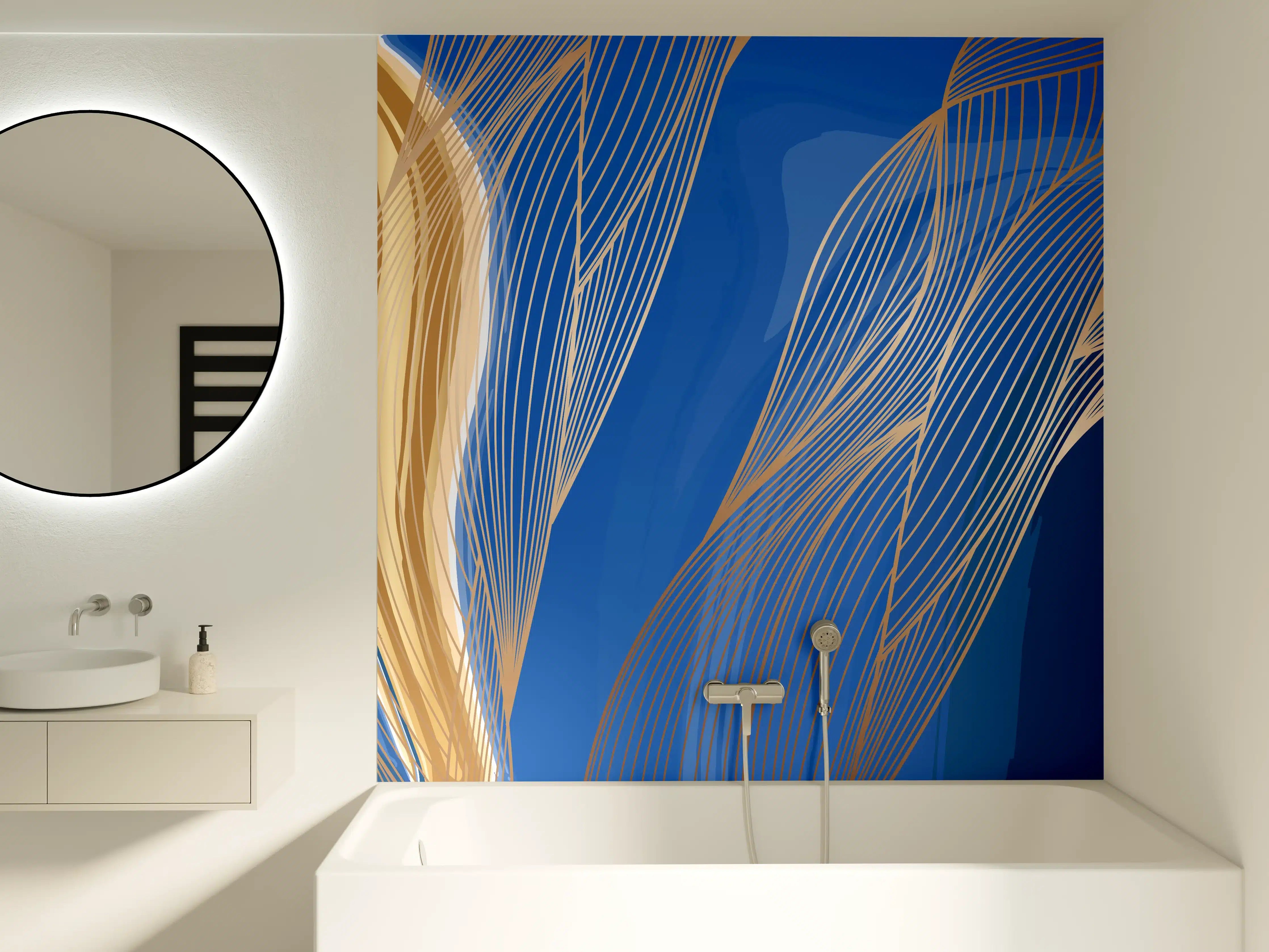 Badewannen-Rückwand - Abstrakte Linienkunst in Blau-Gold