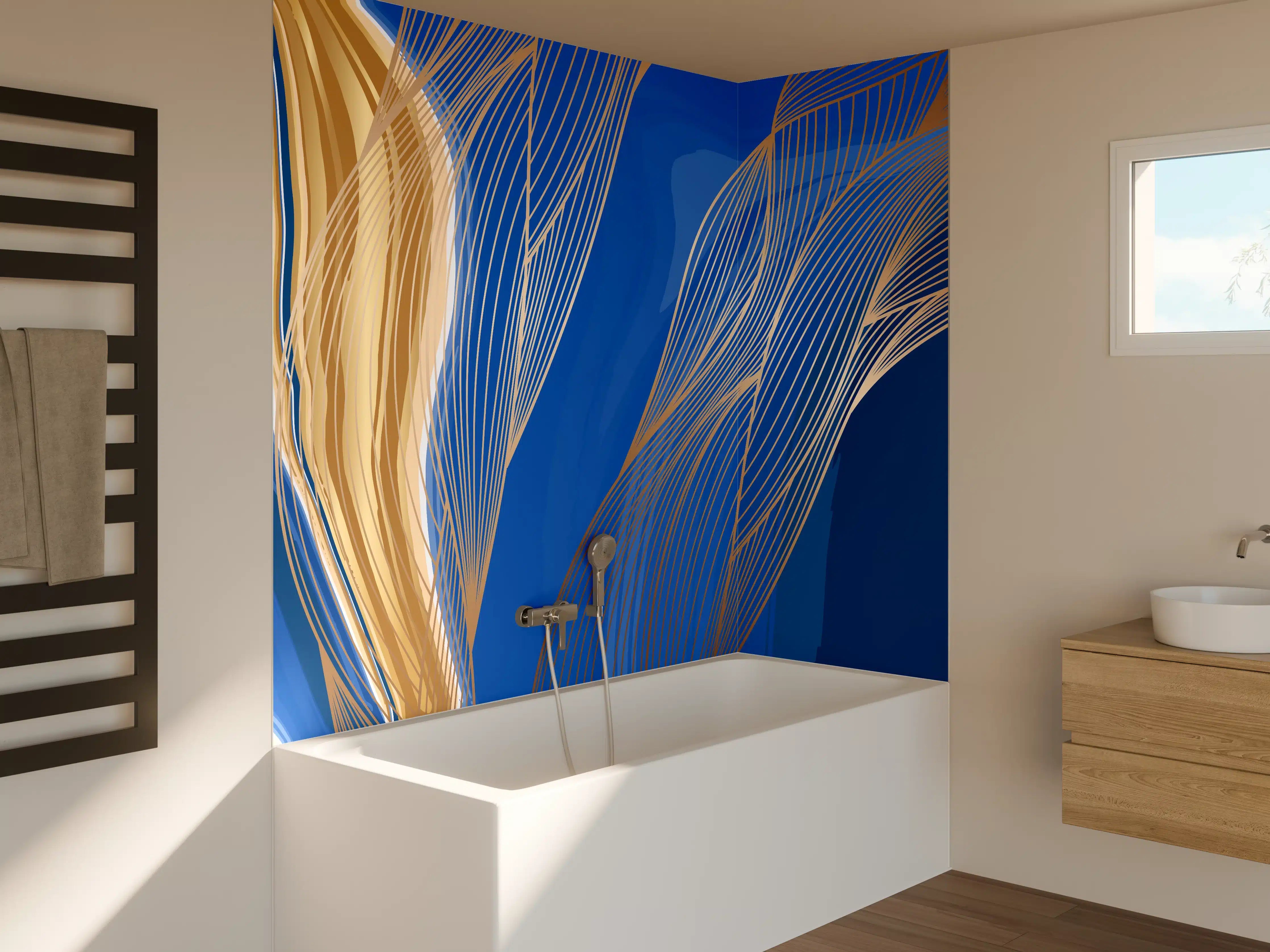 Badewannen-Rückwand - Abstrakte Linienkunst in Blau-Gold