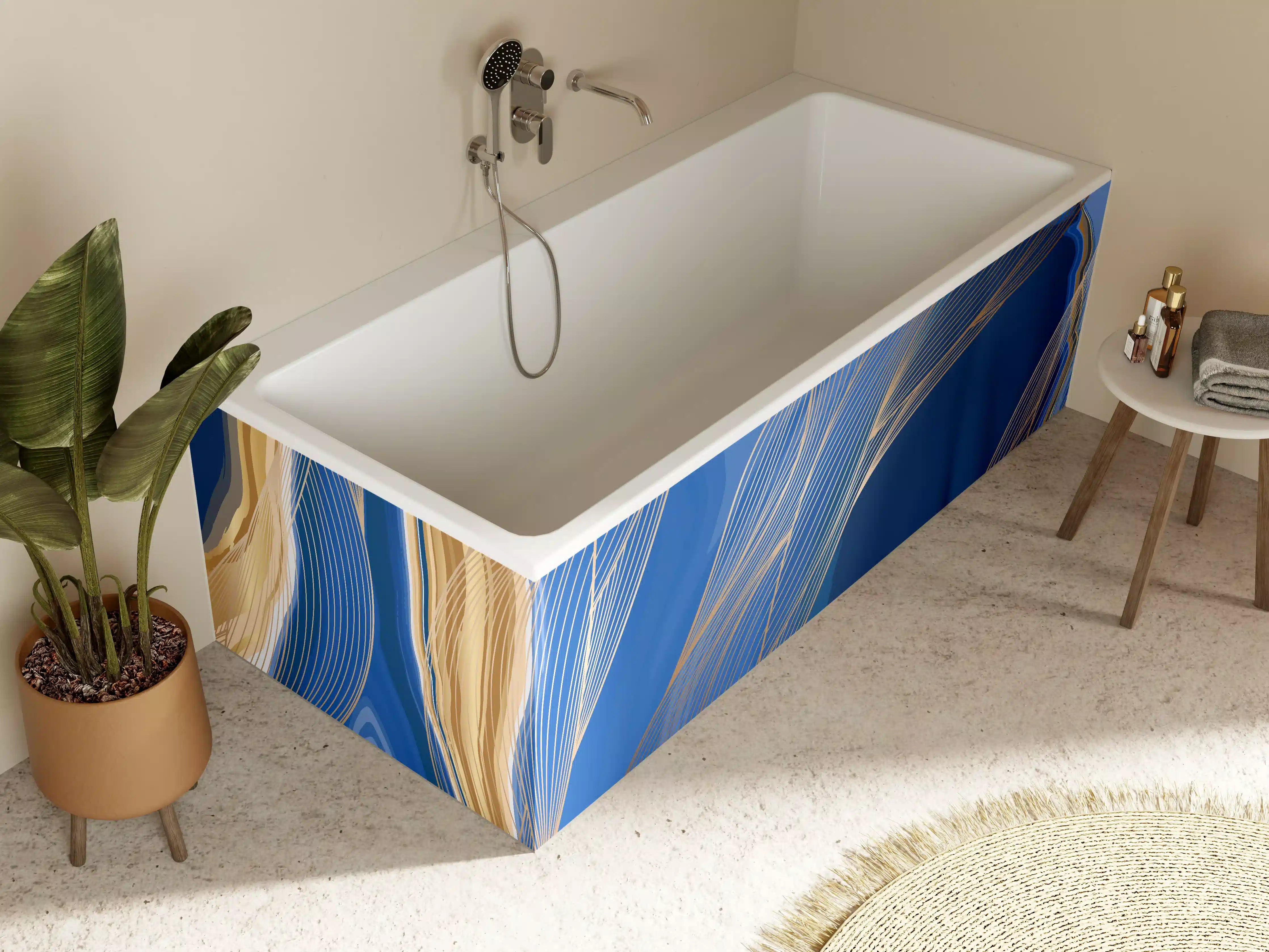 Badewannen-Rückwand - Abstrakte Linienkunst in Blau-Gold