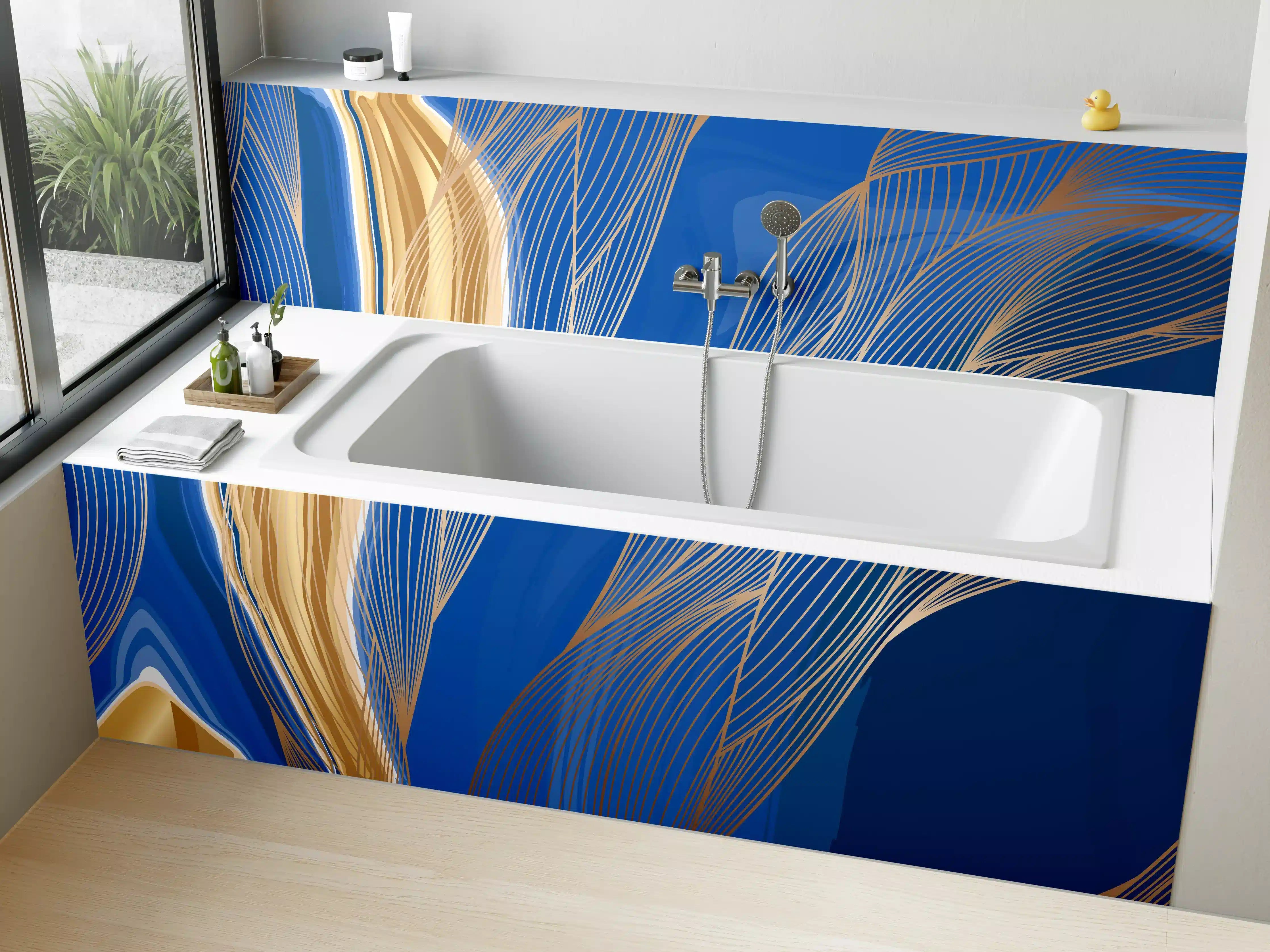Badewannen-Rückwand - Abstrakte Linienkunst in Blau-Gold