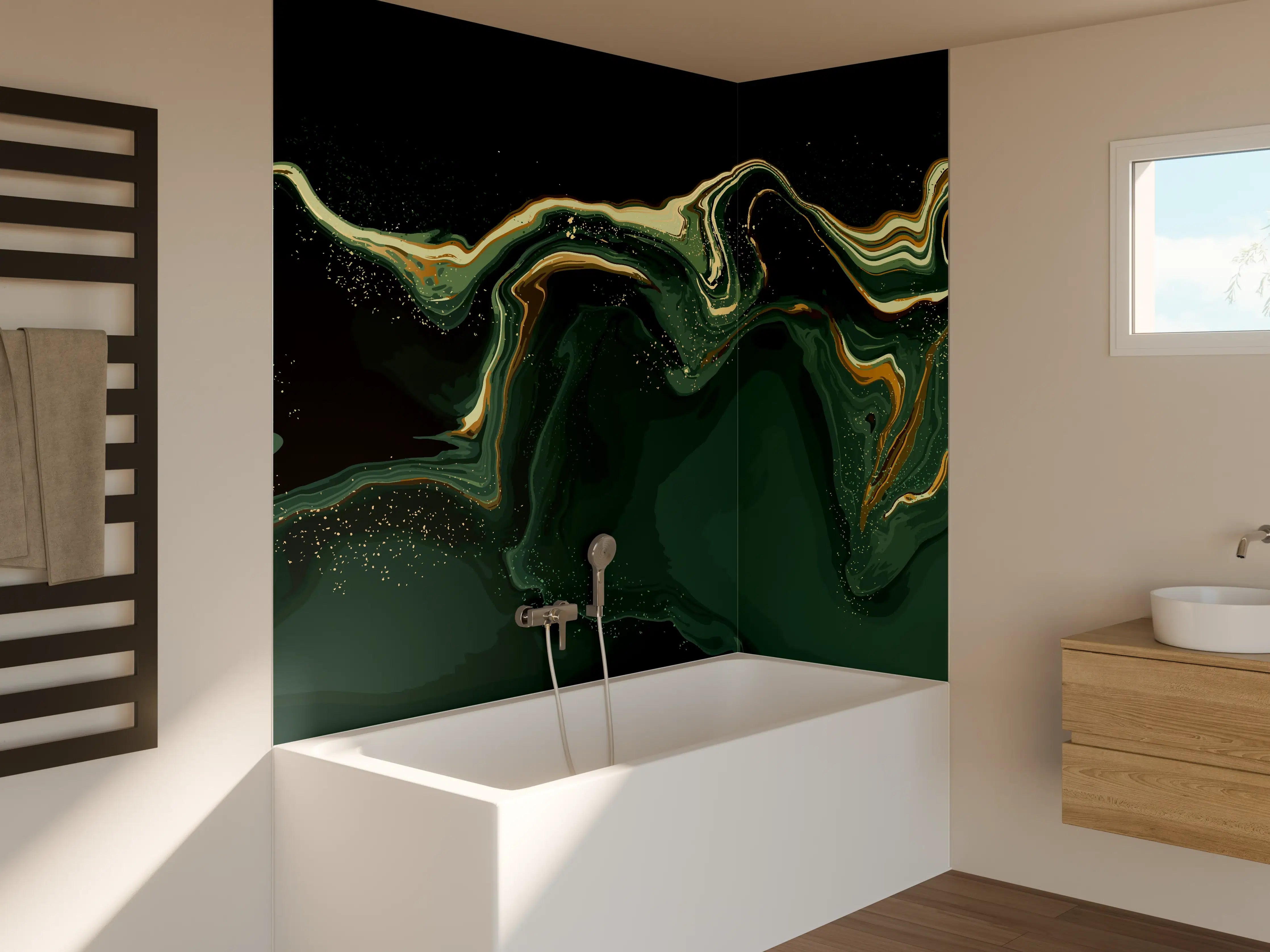 Badewannen-Rückwand - Abstrakte Marmortextur in Goldgrün