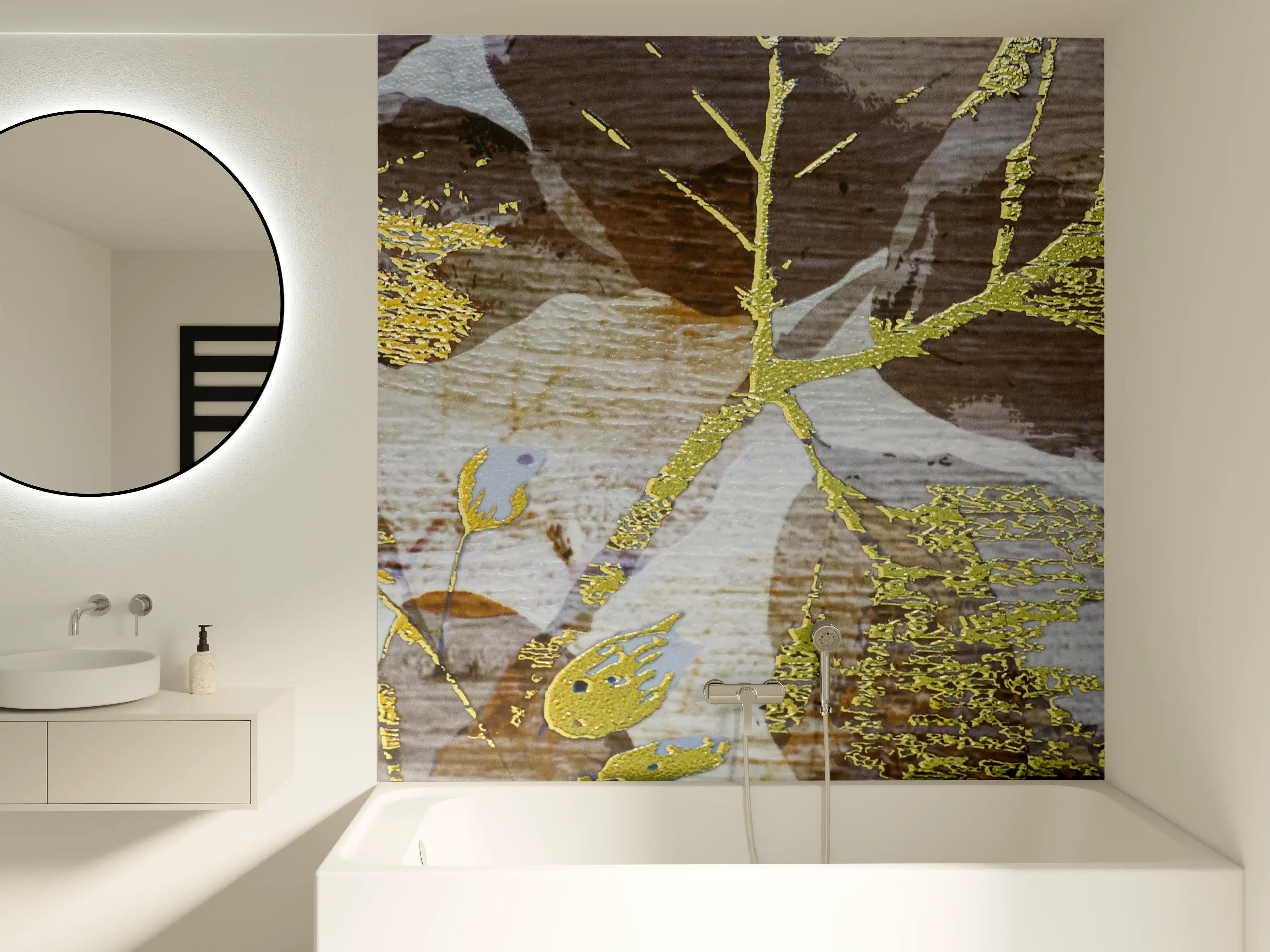 Badewannen-Rückwand - Abstrakte Naturmuster in Gold und Grautönen