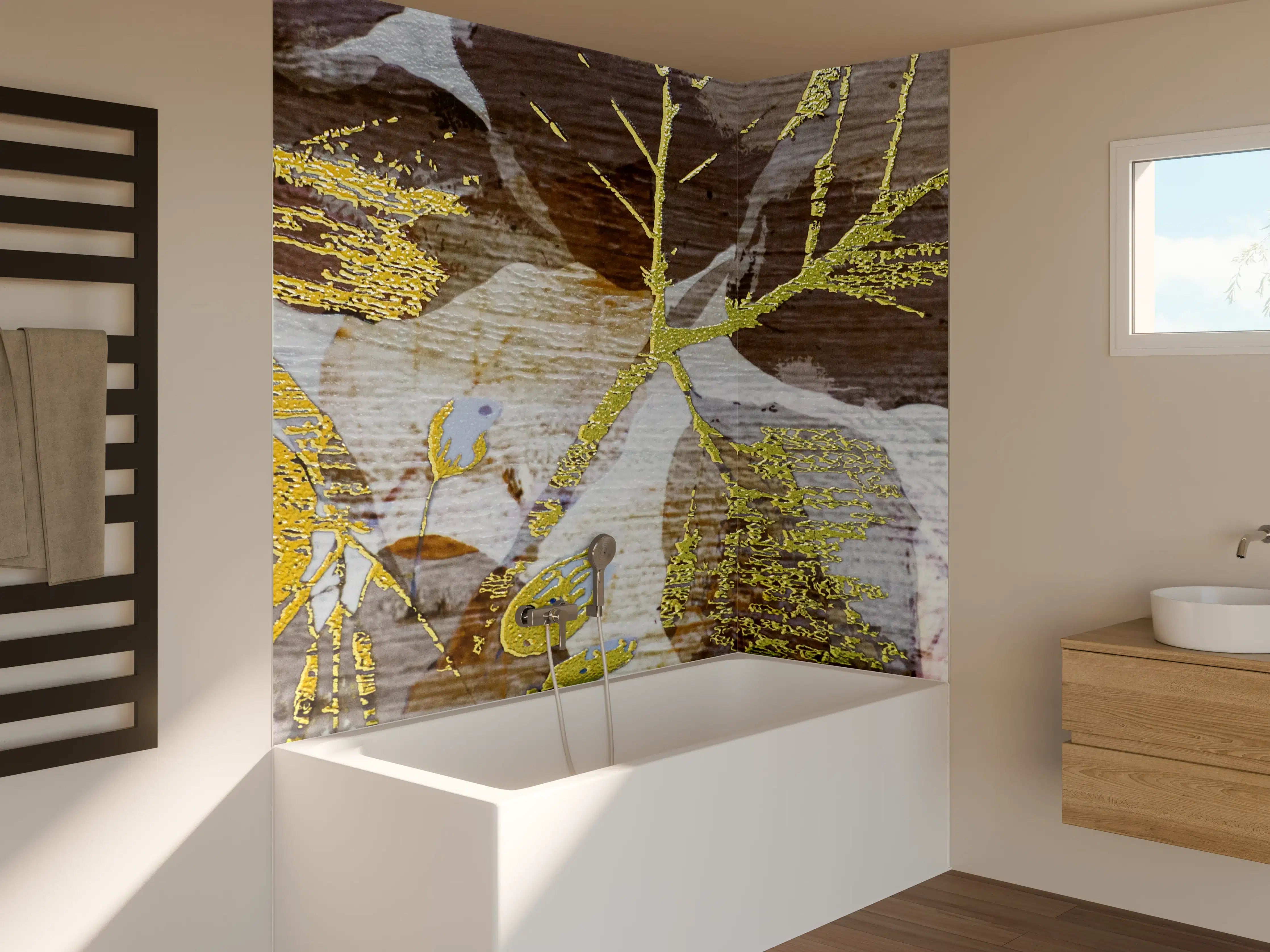 Badewannen-Rückwand - Abstrakte Naturmuster in Gold und Grautönen