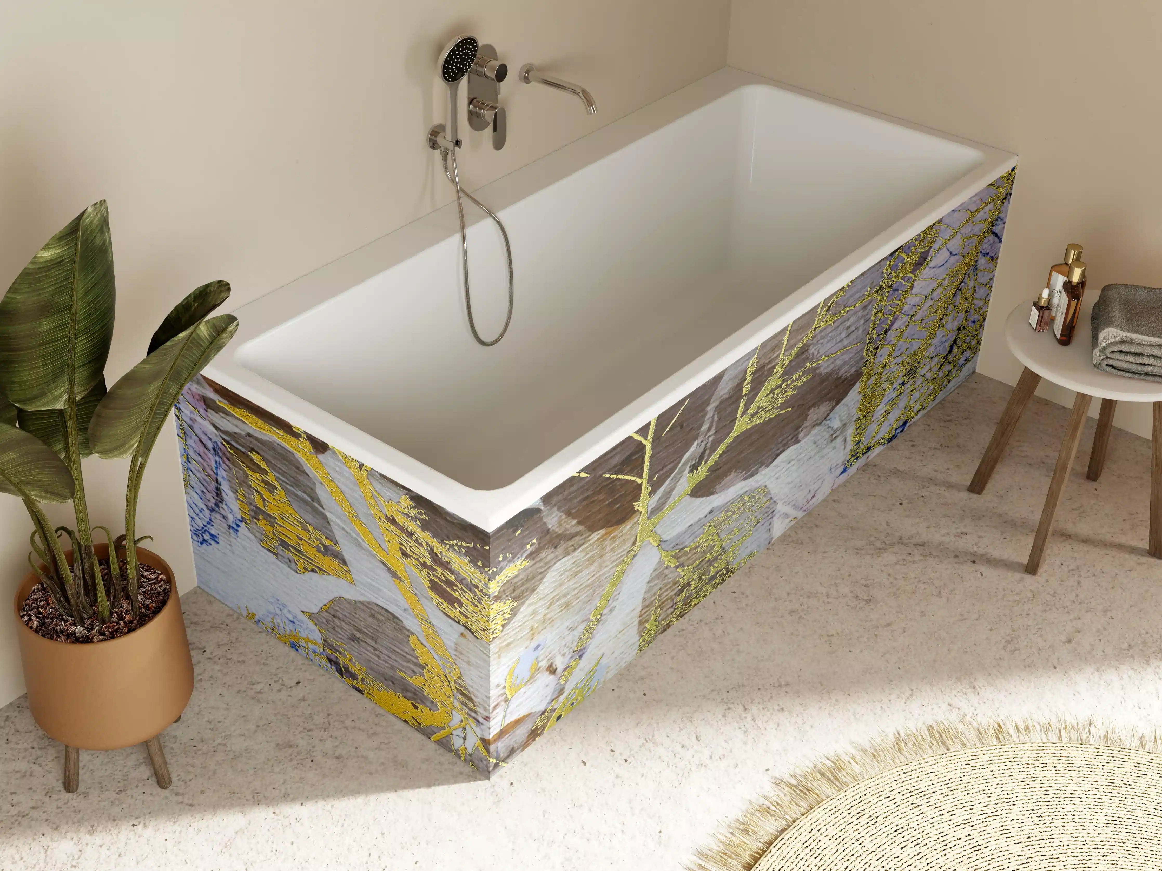 Badewannen-Rückwand - Abstrakte Naturmuster in Gold und Grautönen