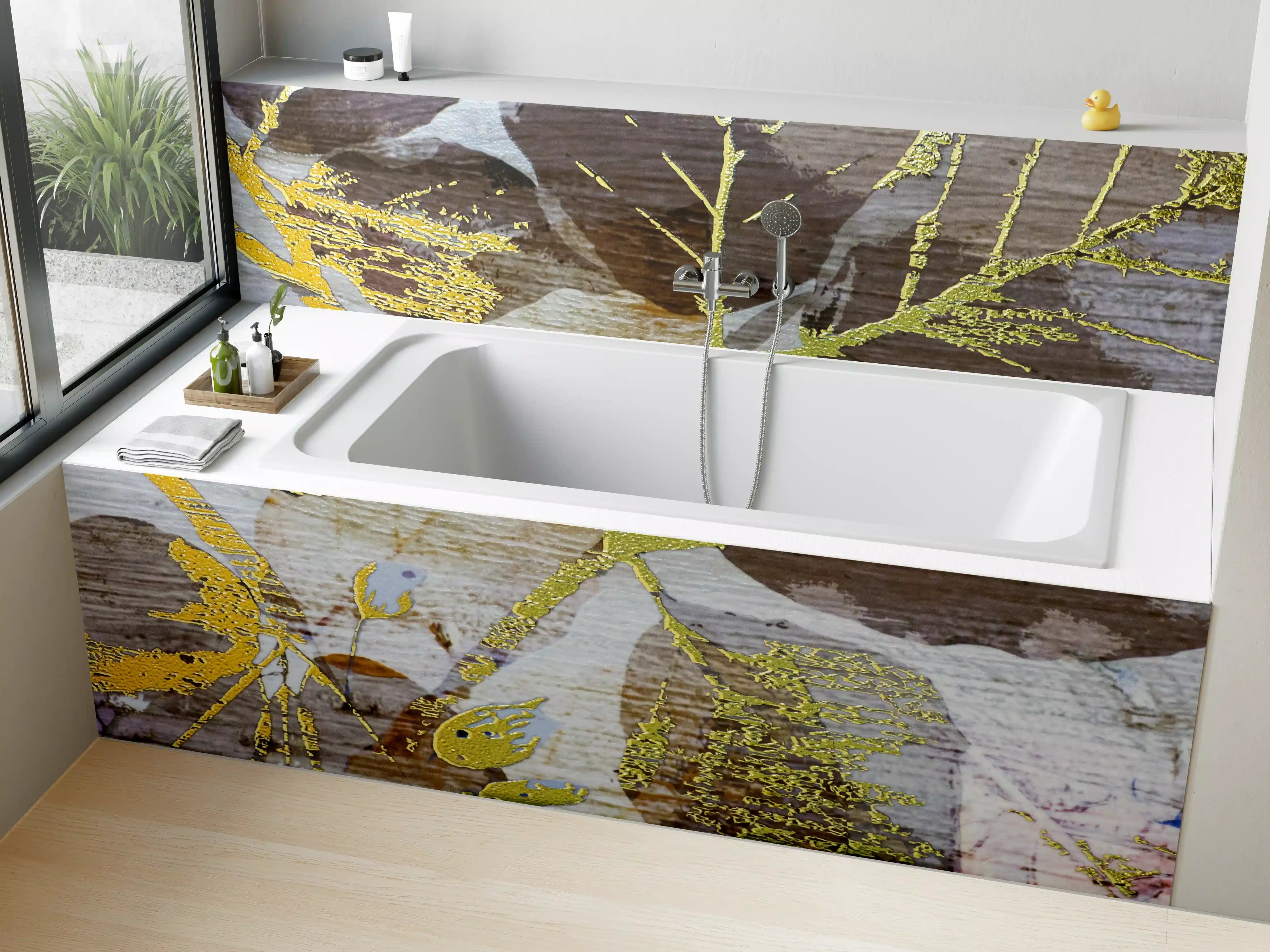 Badewannen-Rückwand - Abstrakte Naturmuster in Gold und Grautönen