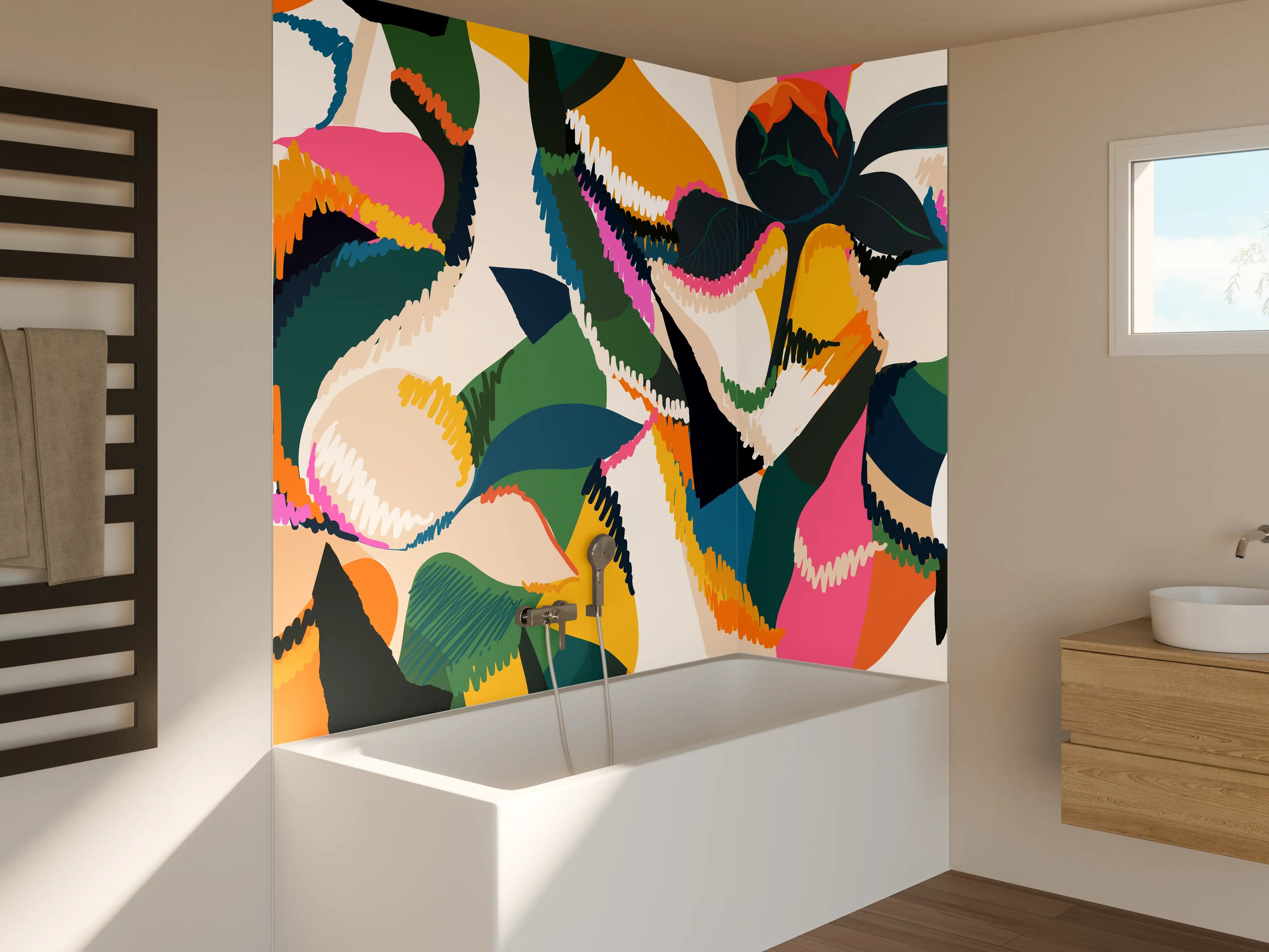 Badewannen-Rückwand - Abstrakte Tropische Blumen Pink-Orange
