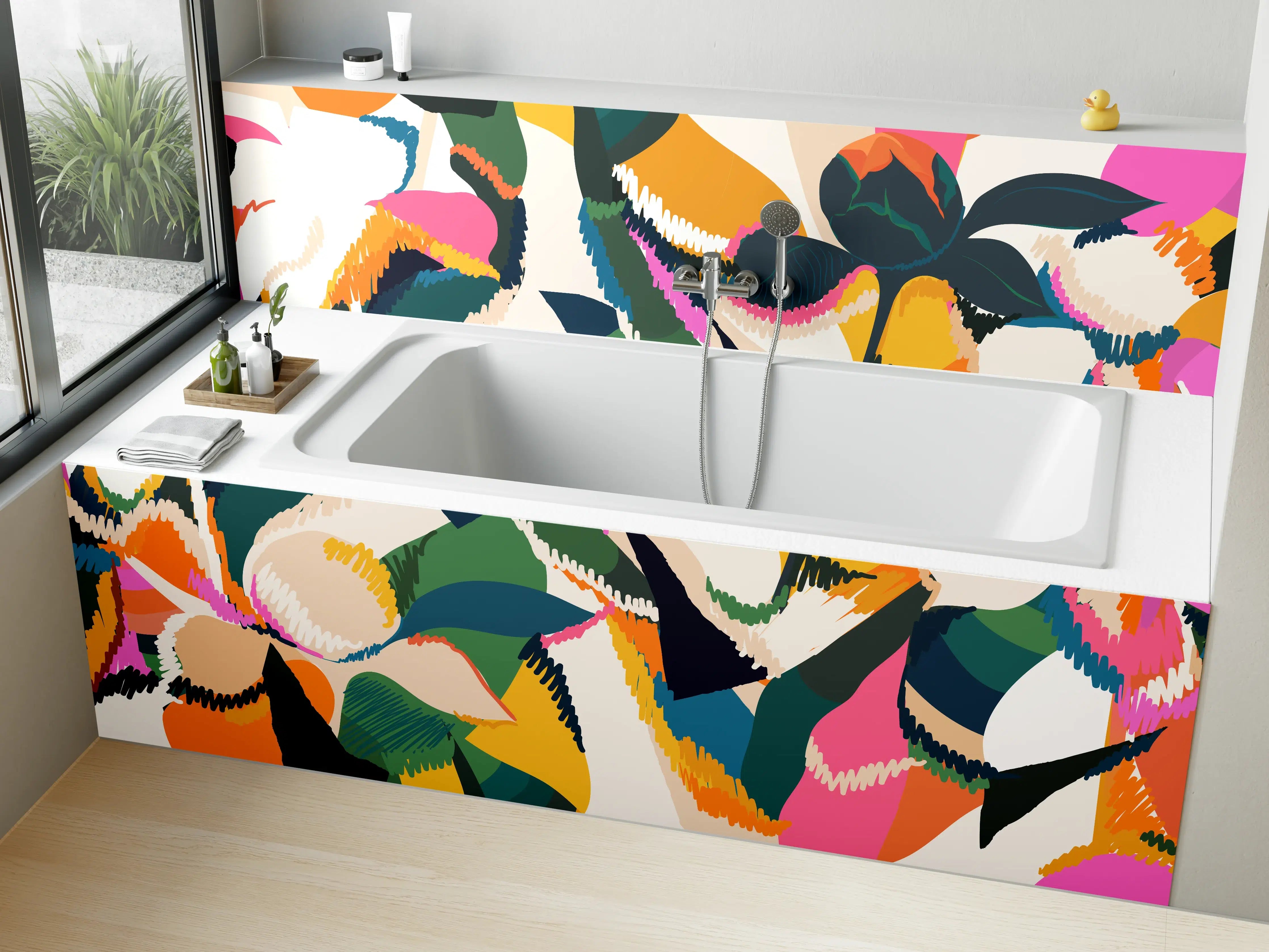 Badewannen-Rückwand - Abstrakte Tropische Blumen Pink-Orange