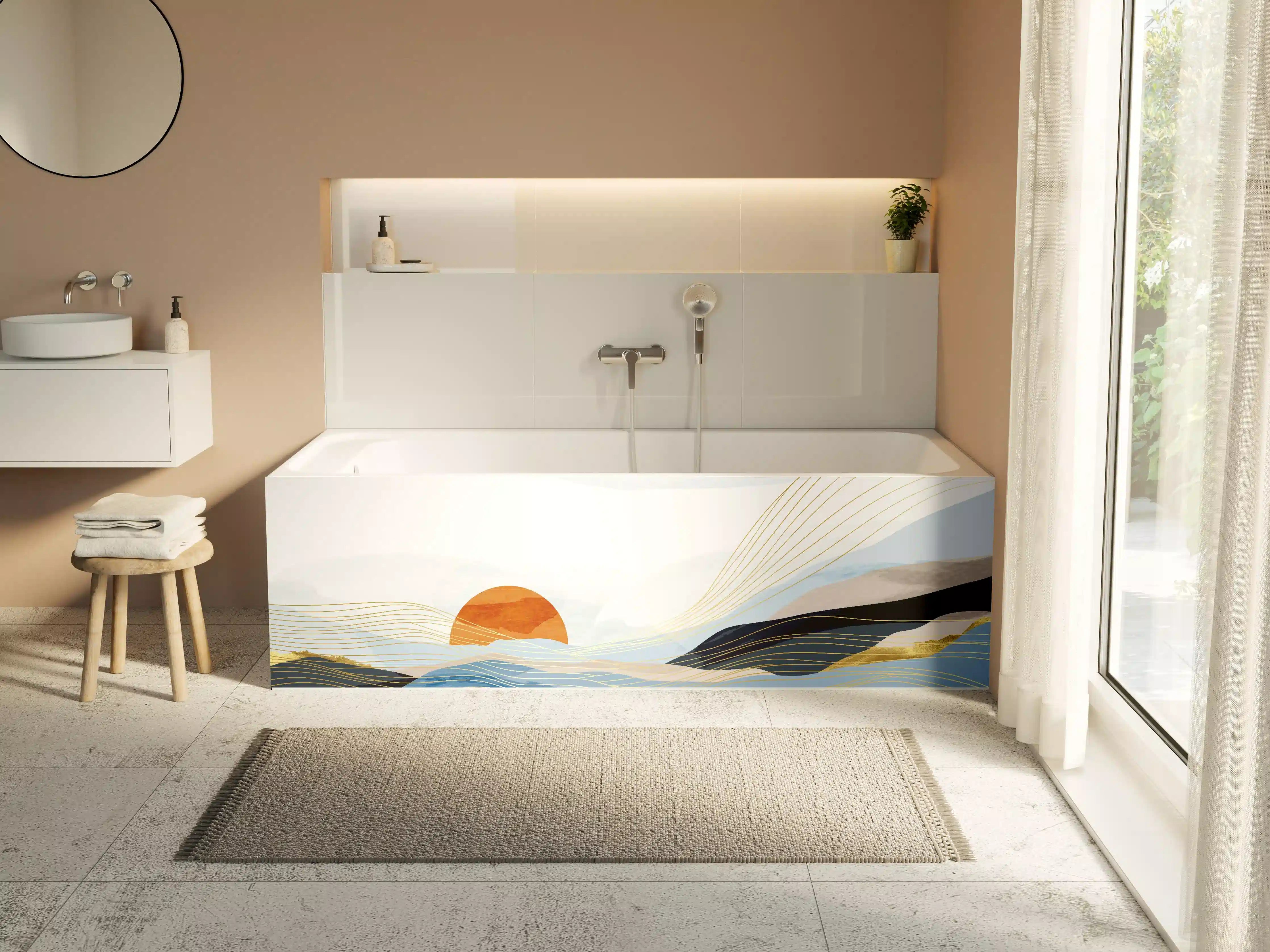 Badewannen-Rückwand - Abstrakte Wellen Kunst Sonnenaufgang