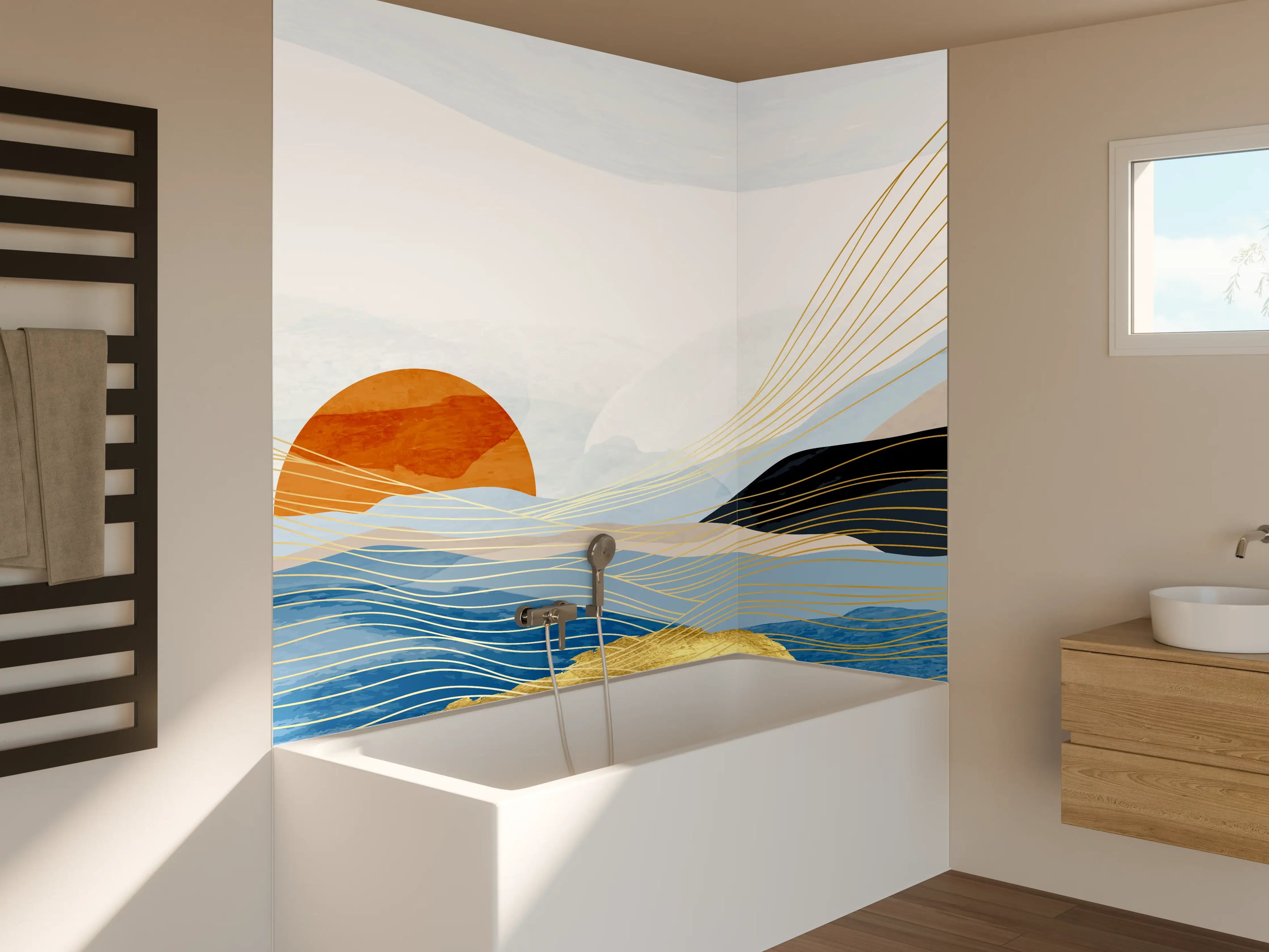 Badewannen-Rückwand - Abstrakte Wellen Kunst Sonnenaufgang
