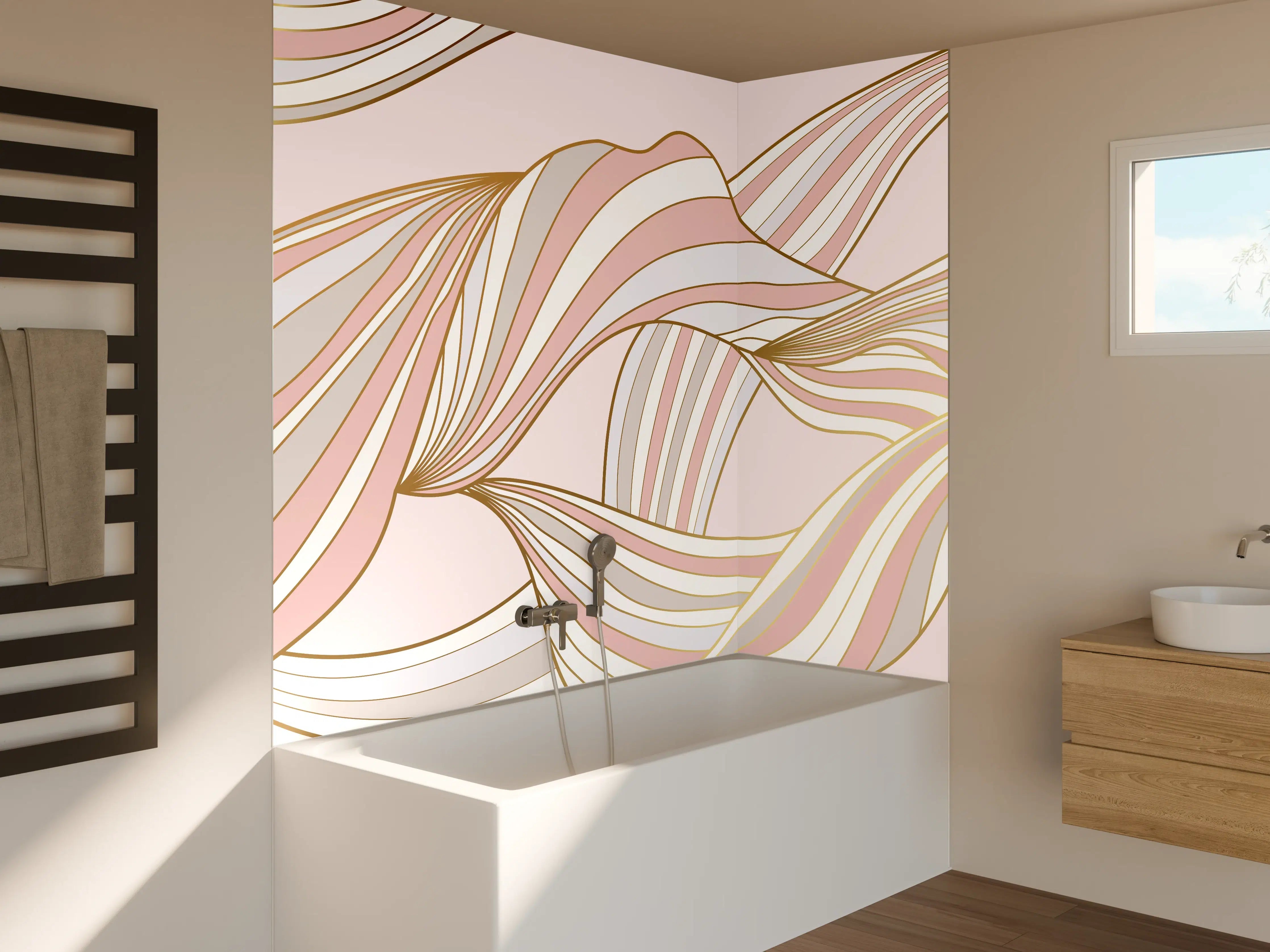 Badewannen-Rückwand - Abstrakte Wogen Rosa Gold