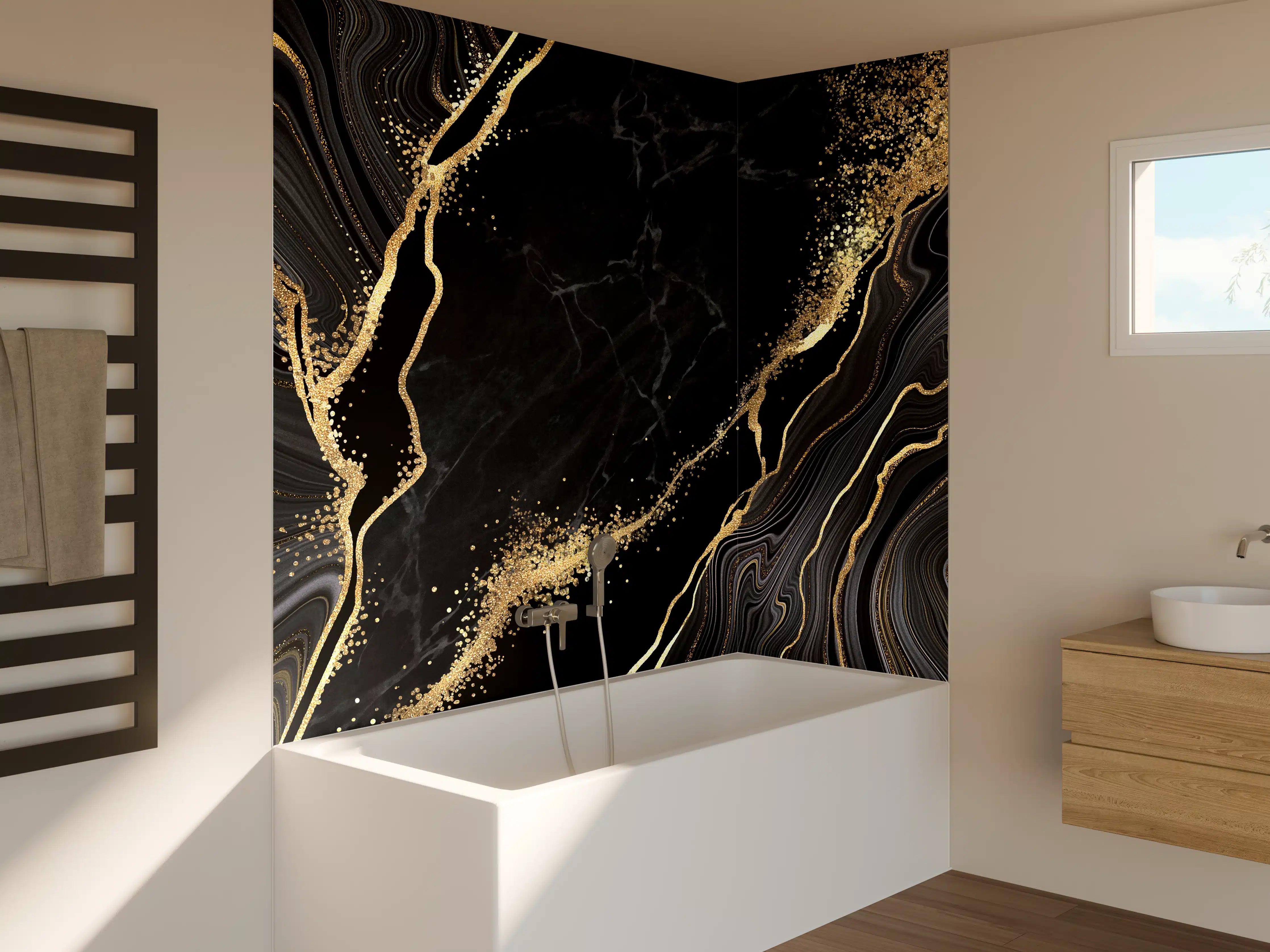 Badewannen-Rückwand - Abstrakter schwarzer Marmor mit goldenen Adern