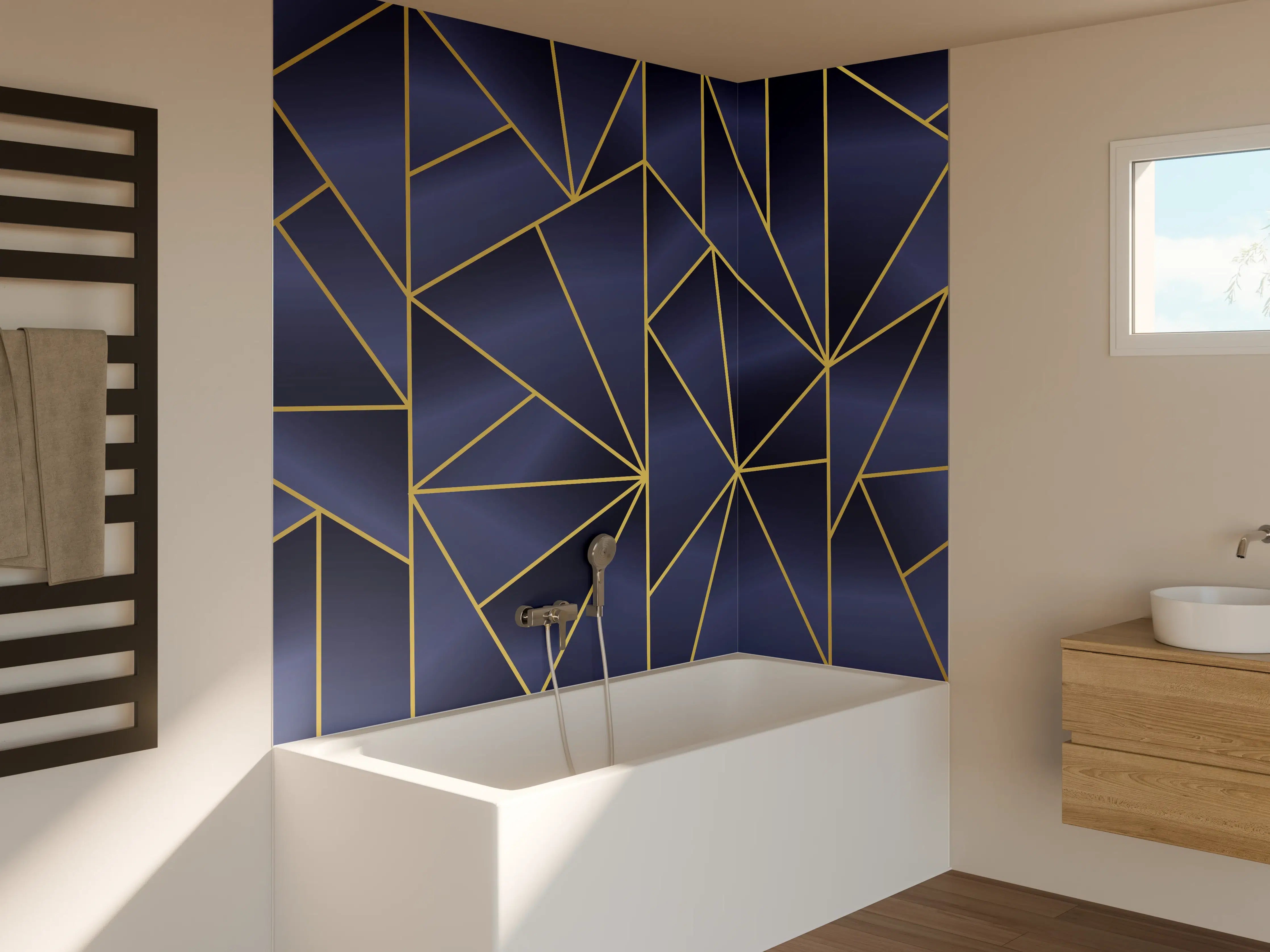 Badewannen-Rückwand - Abstraktes Blau-Gold Muster
