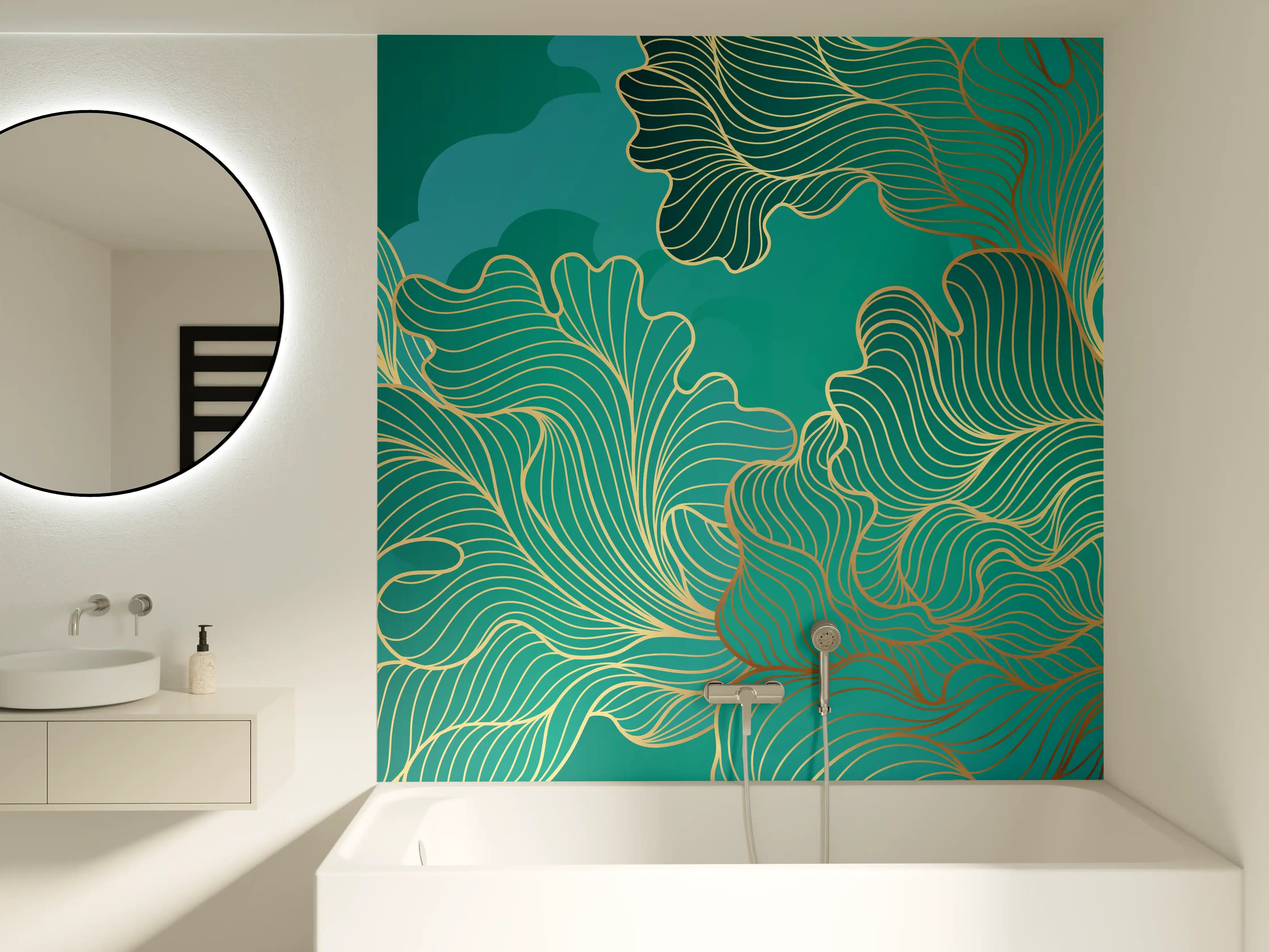 Badewannen-Rückwand - Abstraktes Grüntöne-Gold-Lineart