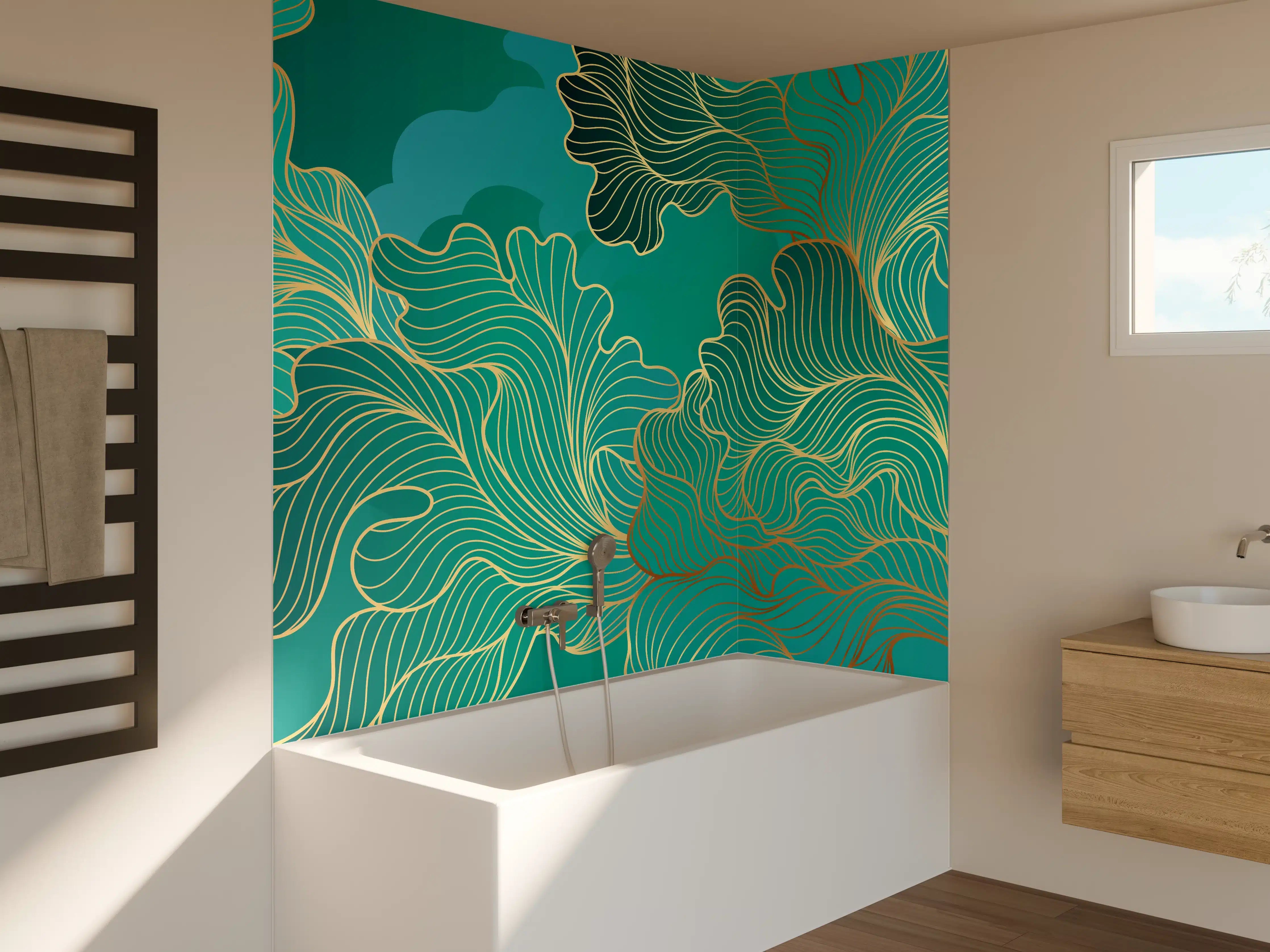 Badewannen-Rückwand - Abstraktes Grüntöne-Gold-Lineart