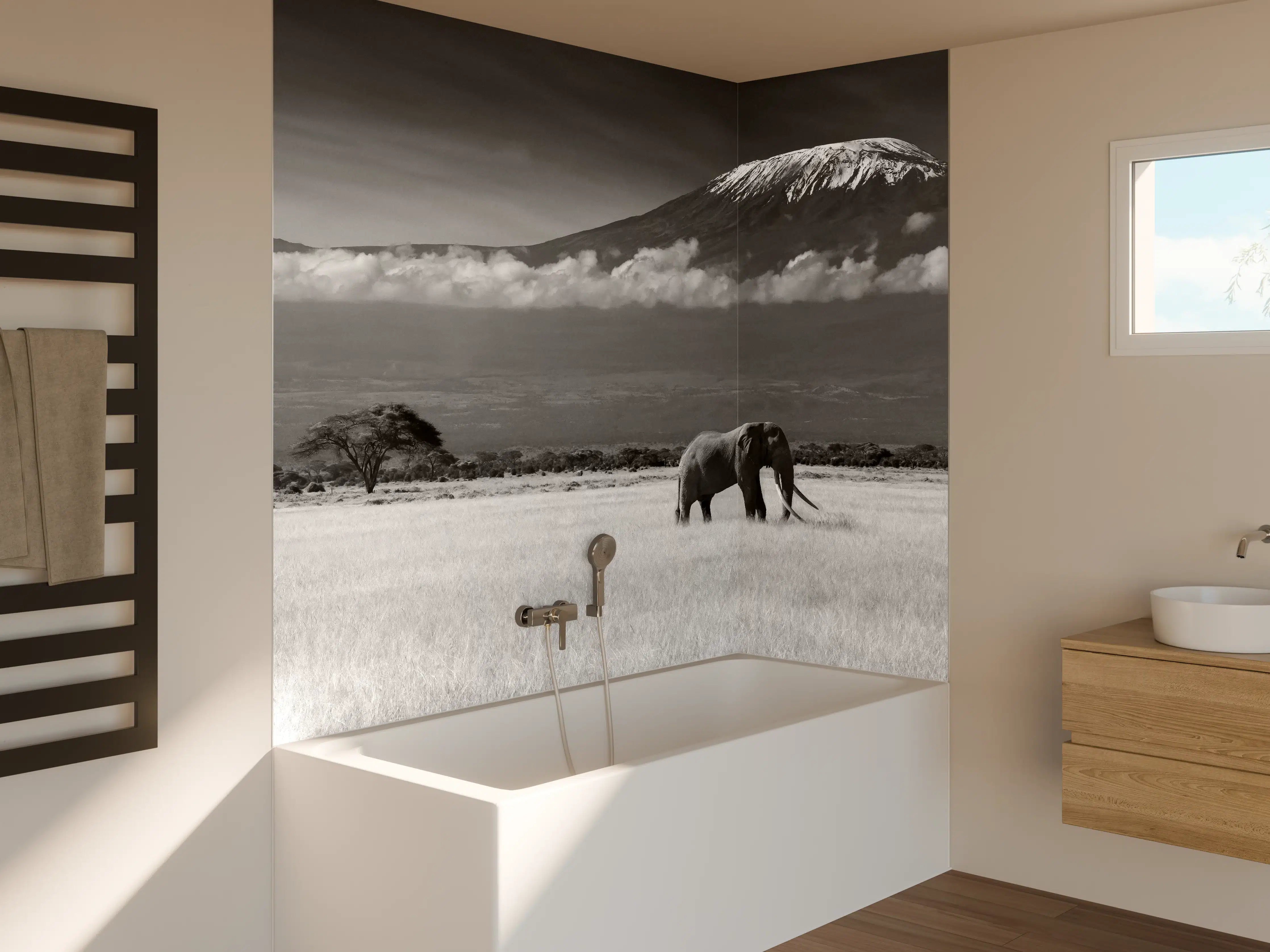 Badewannen-Rückwand - Afrikanische Landschaft - Schwarz-weiß
