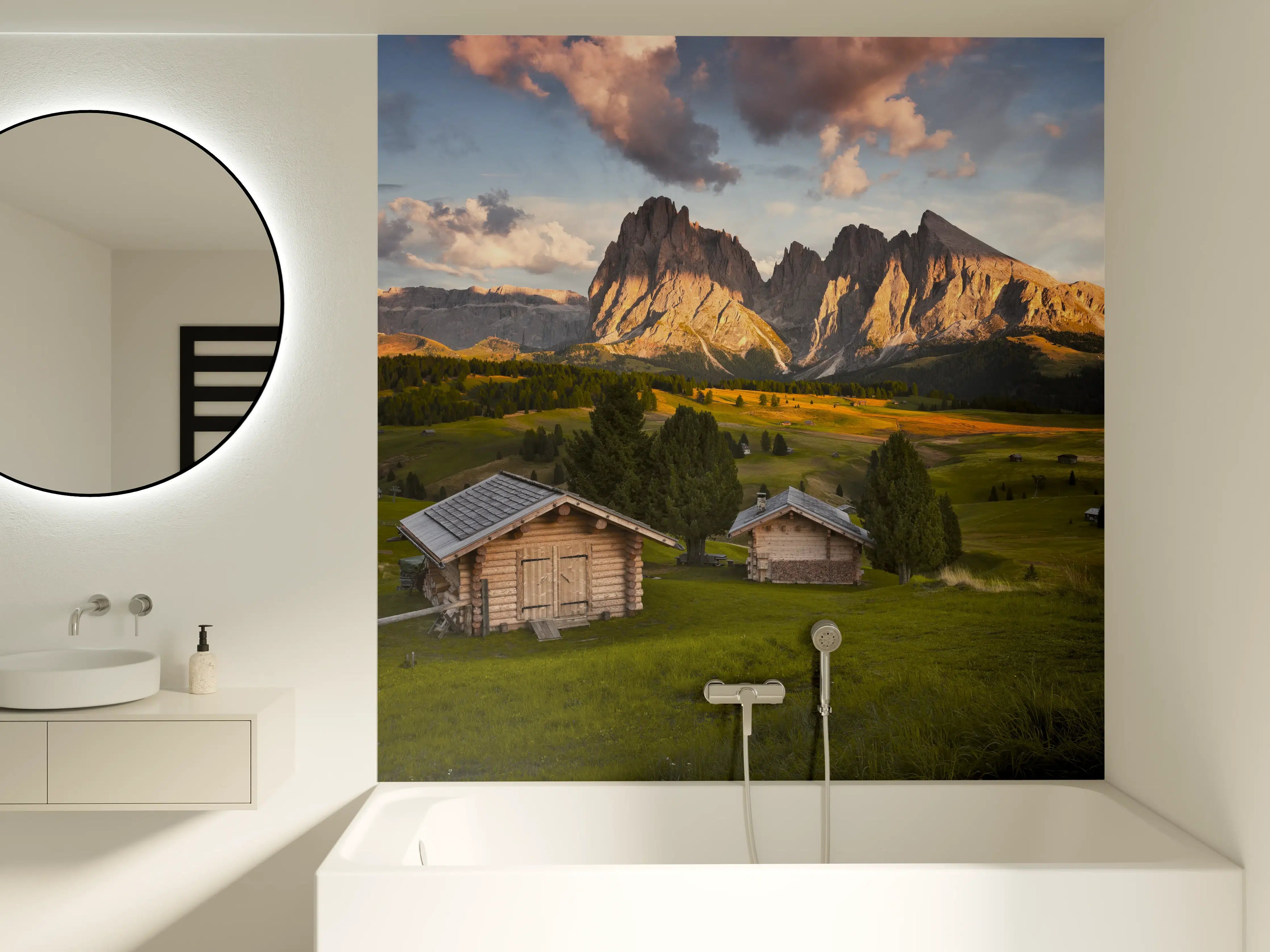 Badewannen-Rückwand - Alpenhütten Sonnenuntergang Grün