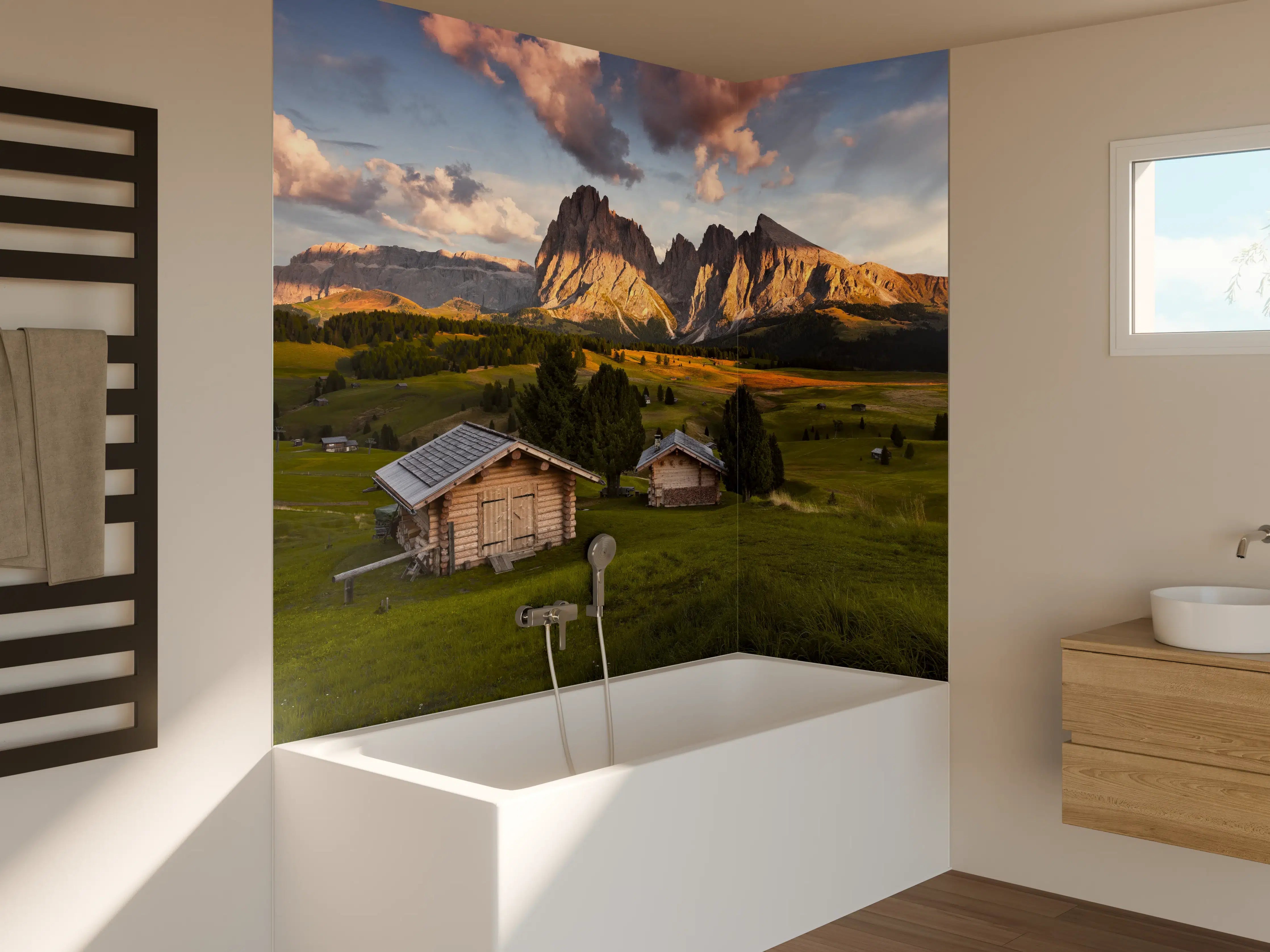 Badewannen-Rückwand - Alpenhütten Sonnenuntergang Grün