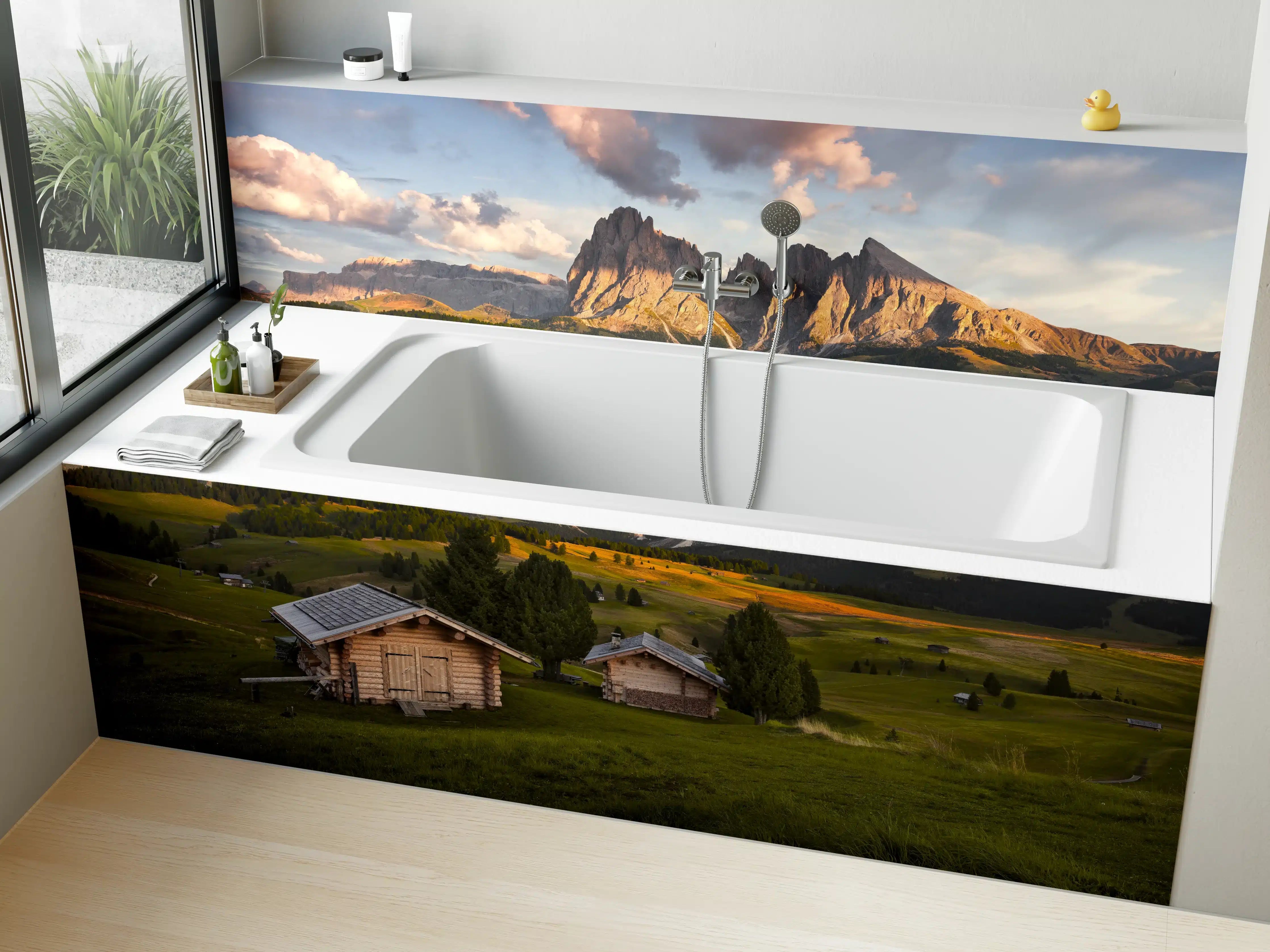 Badewannen-Rückwand - Alpenhütten Sonnenuntergang Grün