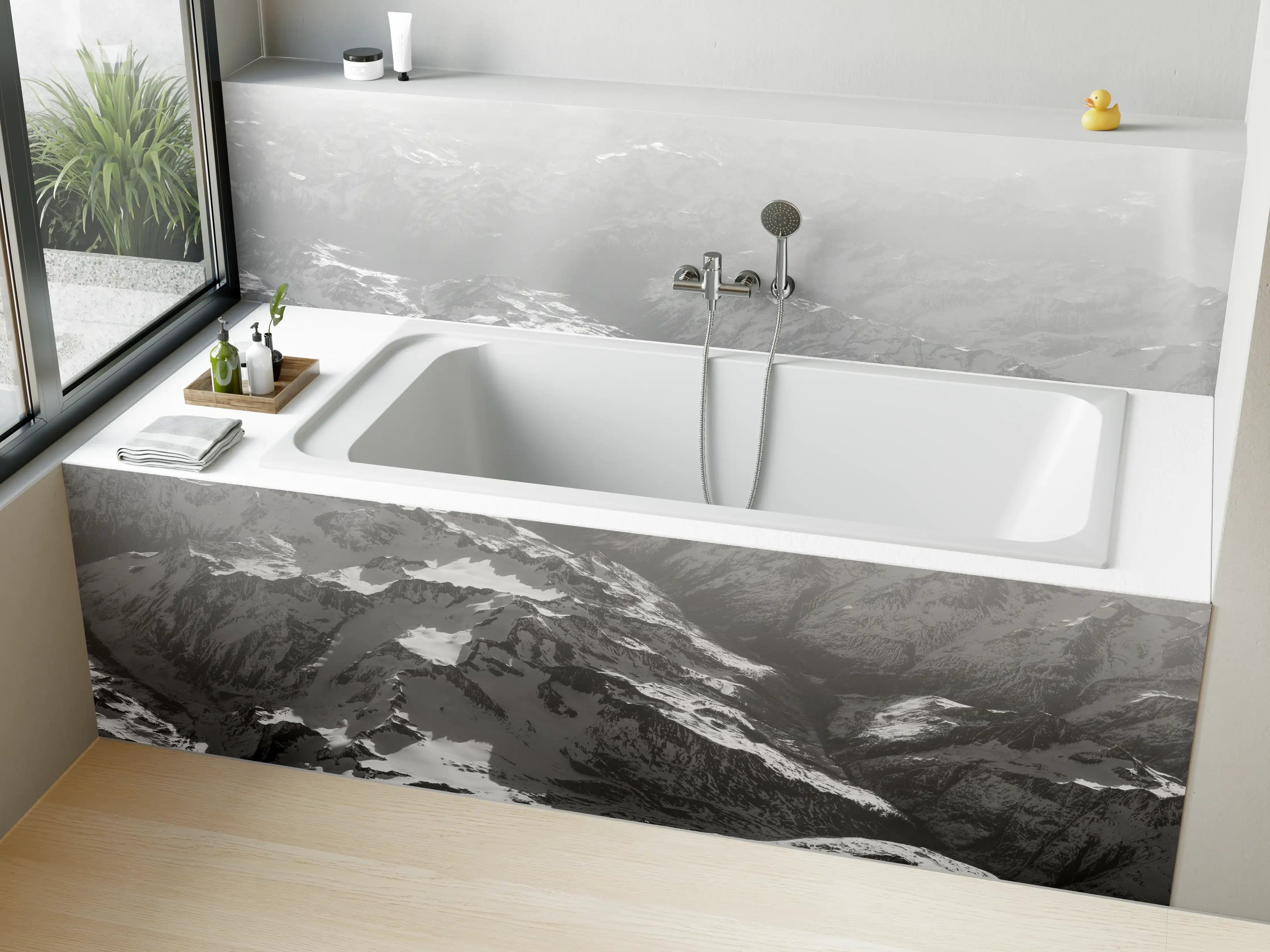Badewannen-Rückwand - Alpenidylle in Schwarz-Weiß