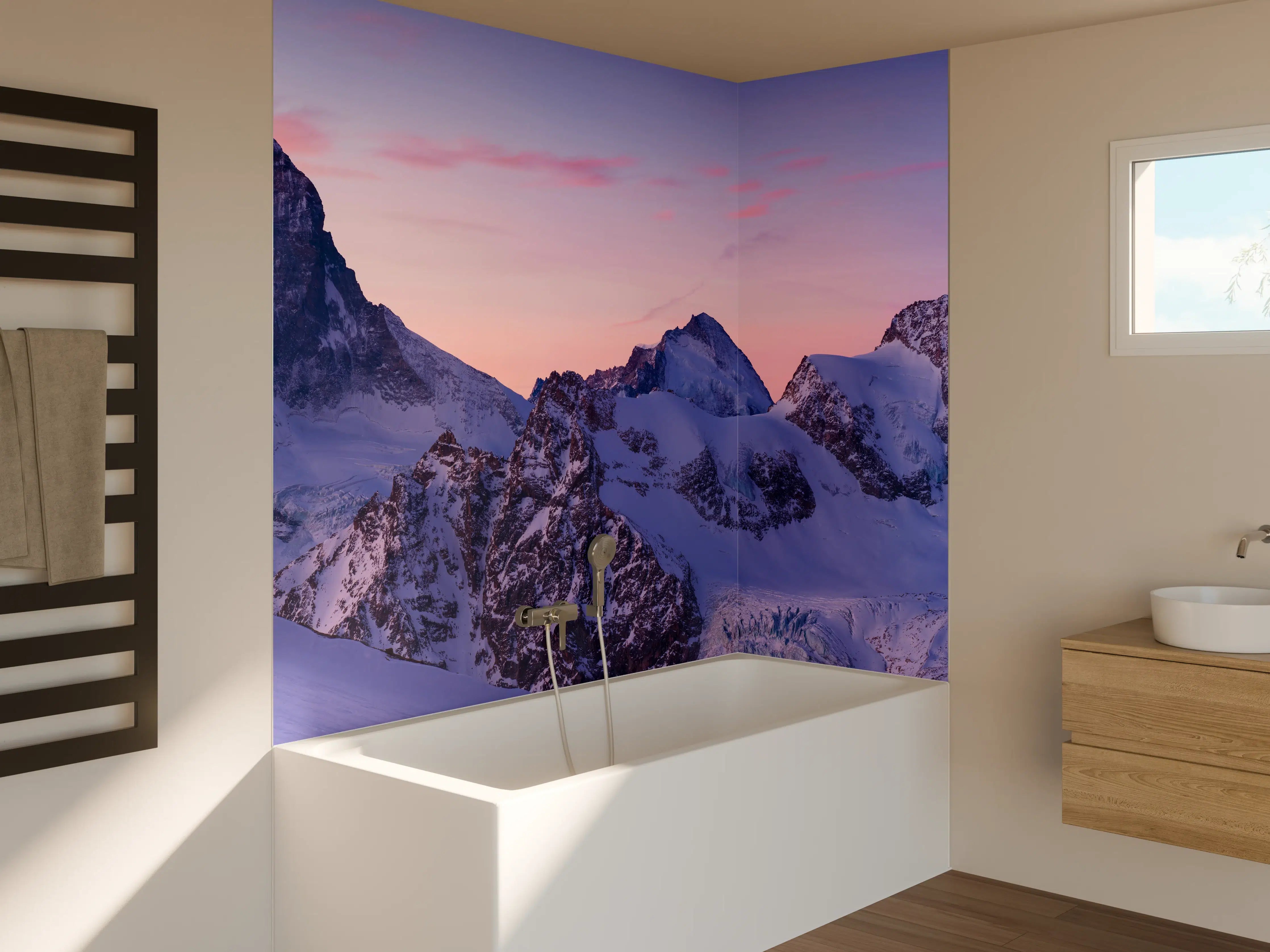Badewannen-Rückwand - Alpenpanorama Sonnenuntergang Weiß-Rosa