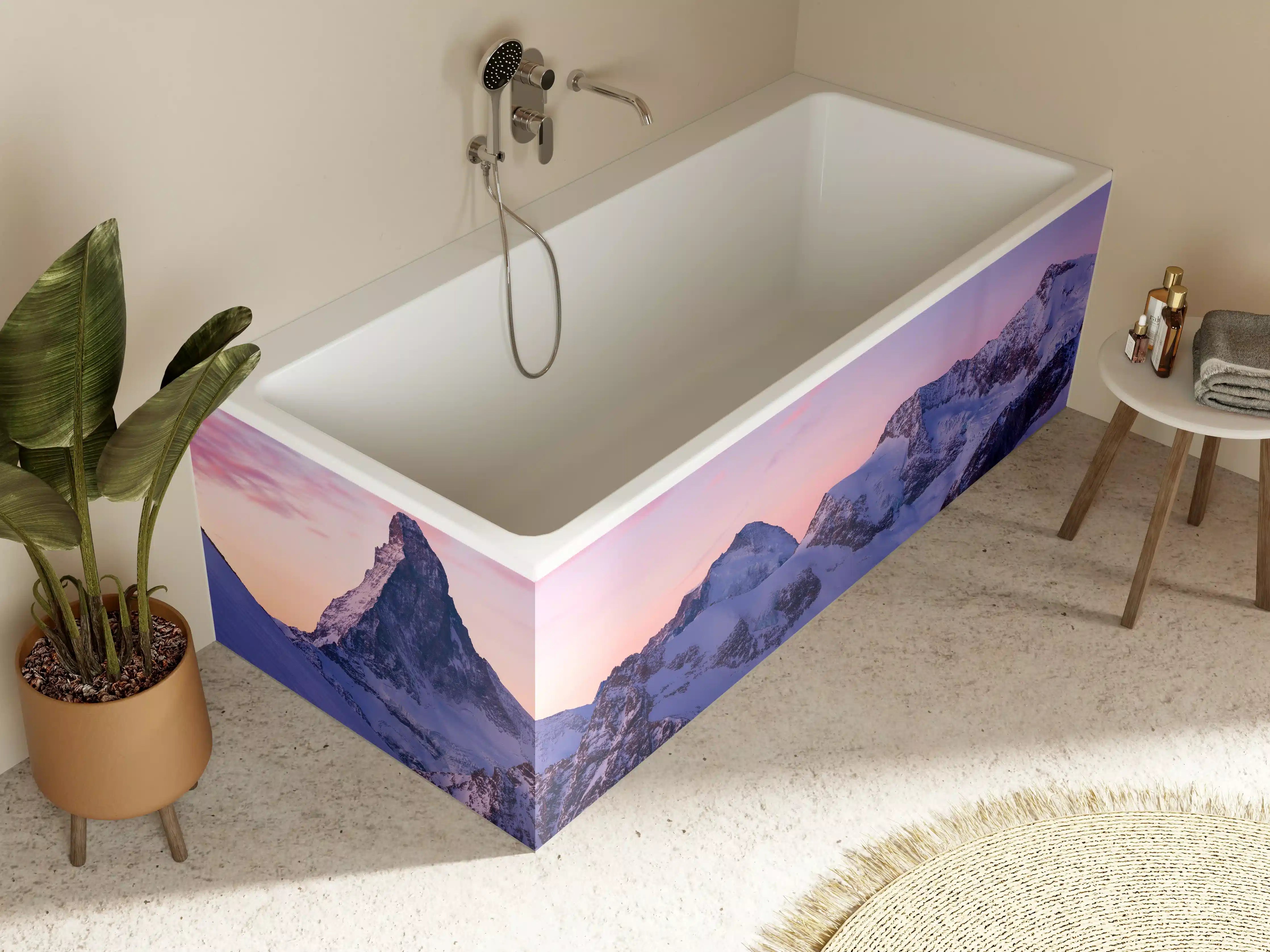 Badewannen-Rückwand - Alpenpanorama Sonnenuntergang Weiß-Rosa