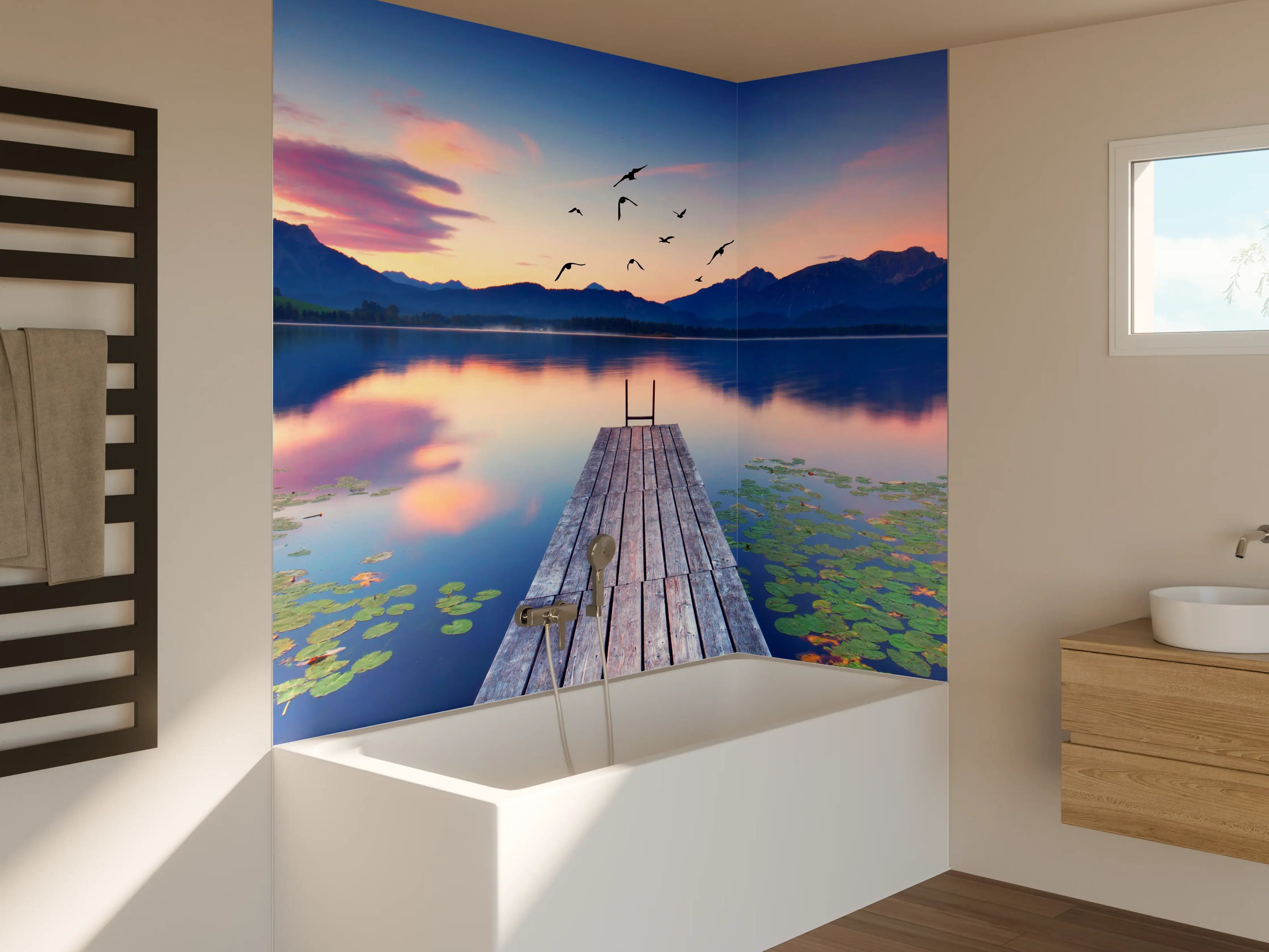 Badewannen-Rückwand - Alpensee mit Seerosen