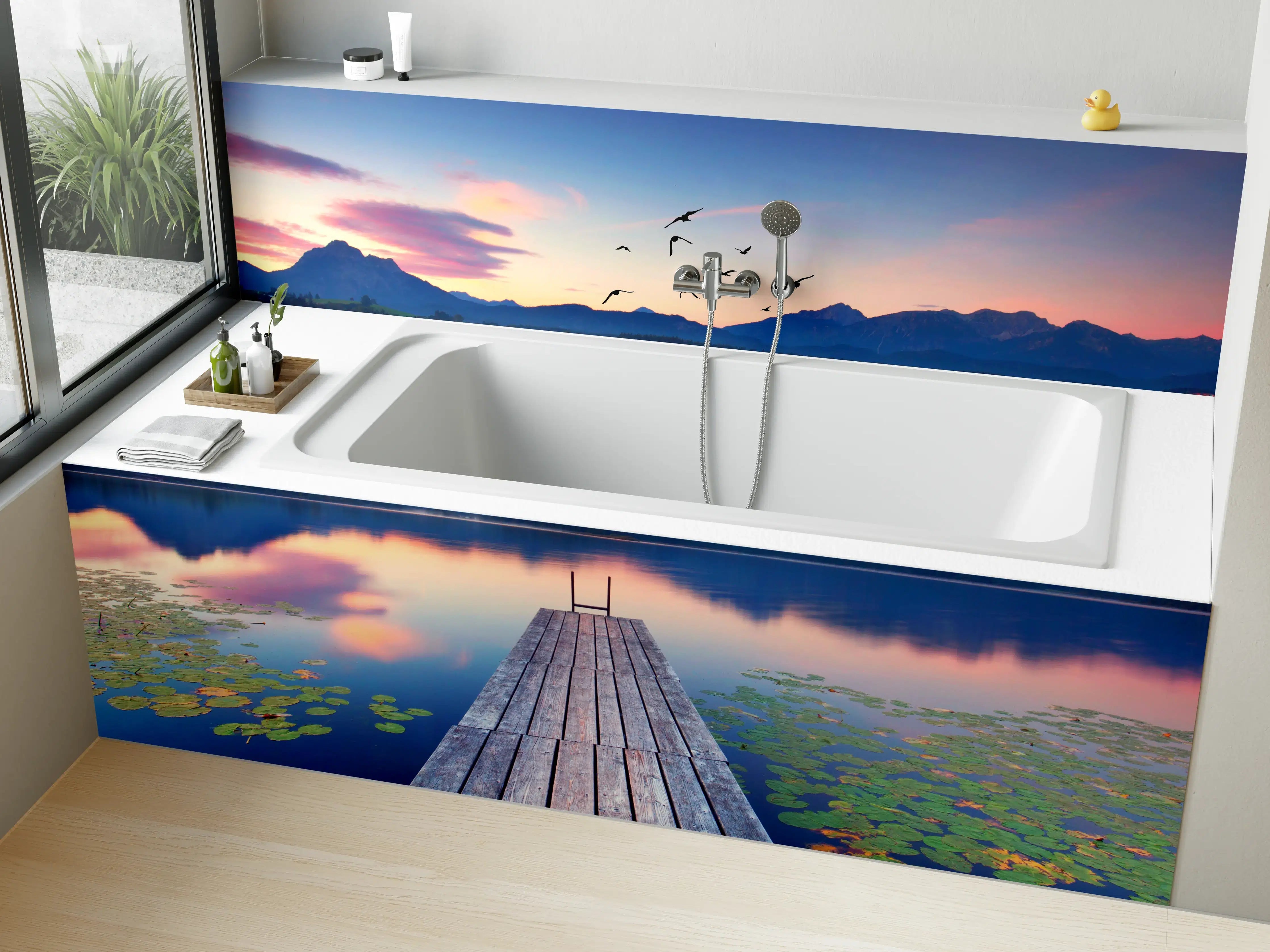Badewannen-Rückwand - Alpensee mit Seerosen